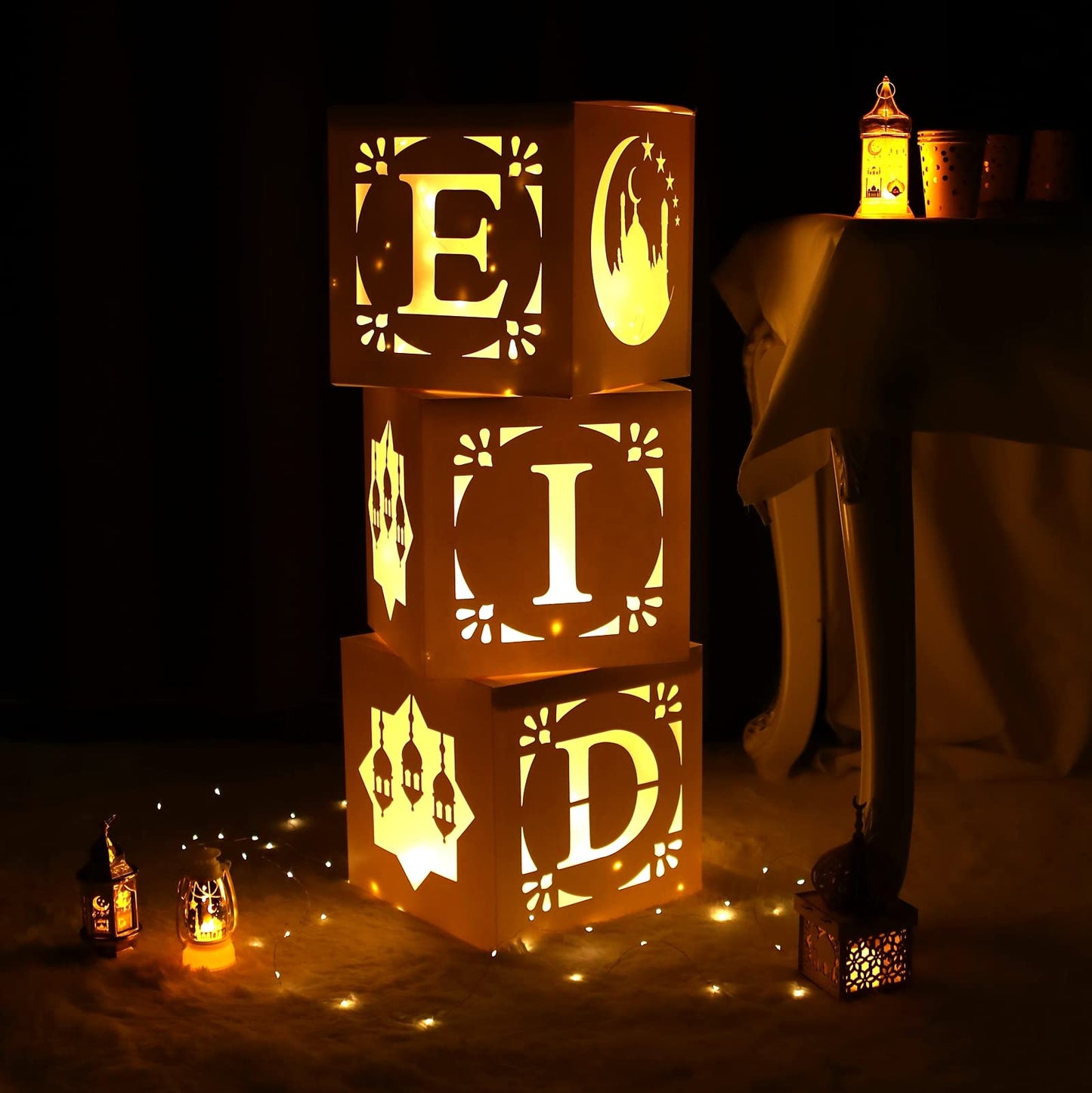 Eid Decoration Boxes with Light - 3pcs White Hollow-Out Paper Boxes with Warm Light String, Cultural Elements Box for Eid al-Fitr Decor al-Adha Festival Ramadan Mubarak Muslim Islamic Supplies
