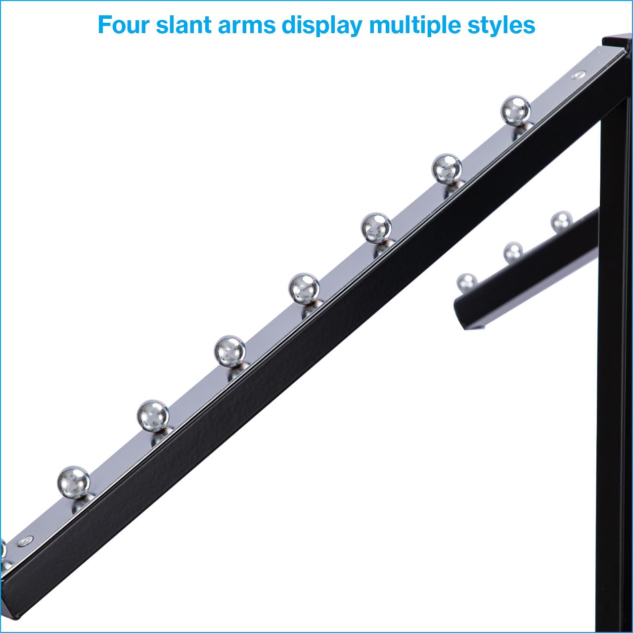 SSWBasics Black 4 Way Adjustable Clothing Rack with Slanted Arms - Retail Clothing Rack Display - Adjustable Height Arms from 48" to 72" Perfect for Clothing Stores