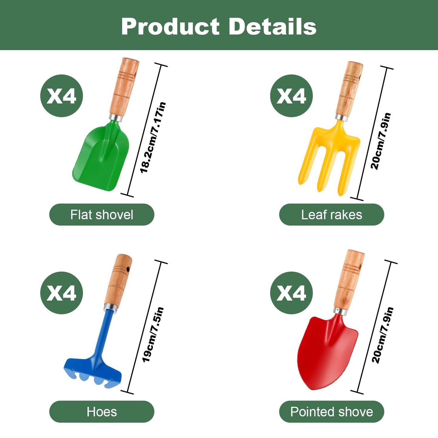 16 Pcs Gardening Tools Metal Garden Beach Sandbox Digging Including Shovel, Rake, Fork and Trowel, Garden Beach Sand Tools with Wooden Handle Hoe for Gift Outdoor Gardening