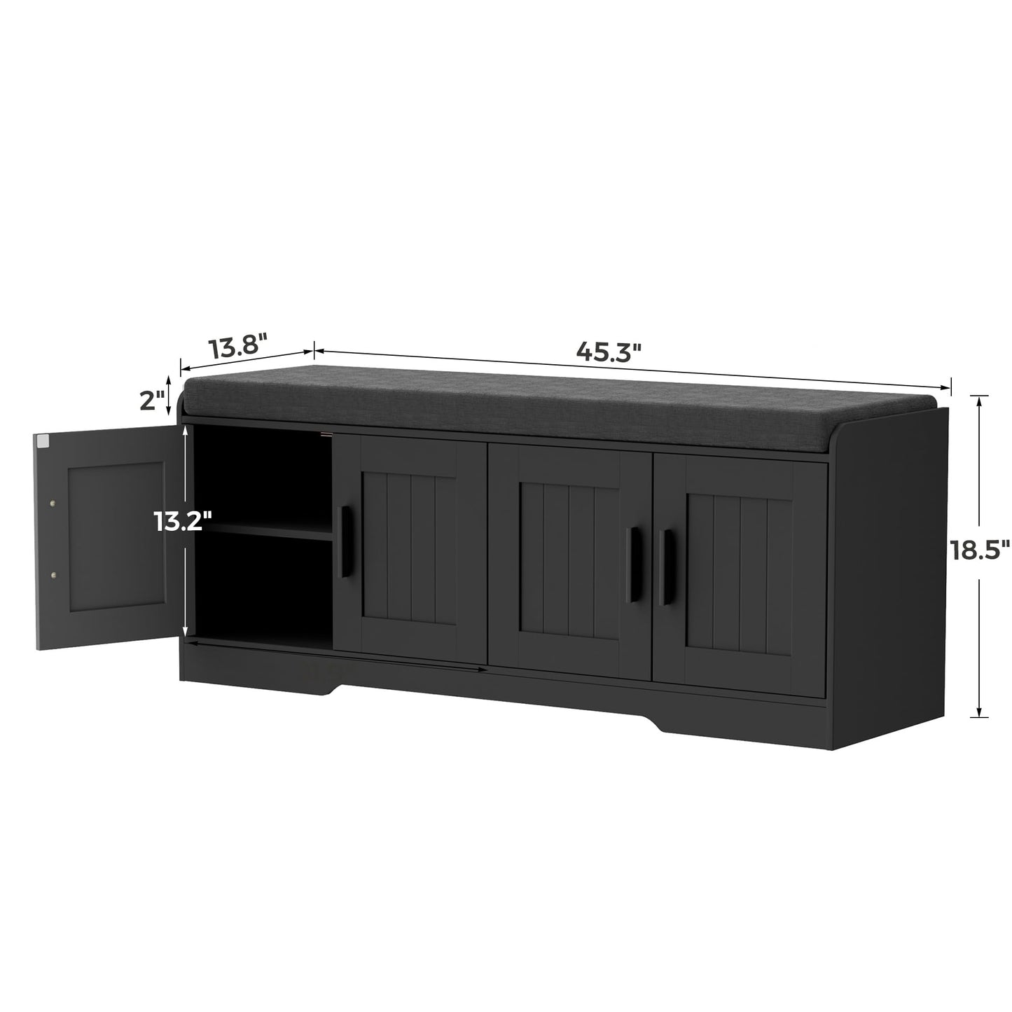 Homleke 2-Tier Storage Bench, Shoe Bench with Thickened Padded Seat Cushion, Entryway Bench with 4 Doors, Adjustable Shelf, 13.8" D x 45.3" W x 18.5" H, for Entryway, Living Room, Bedroom, Black