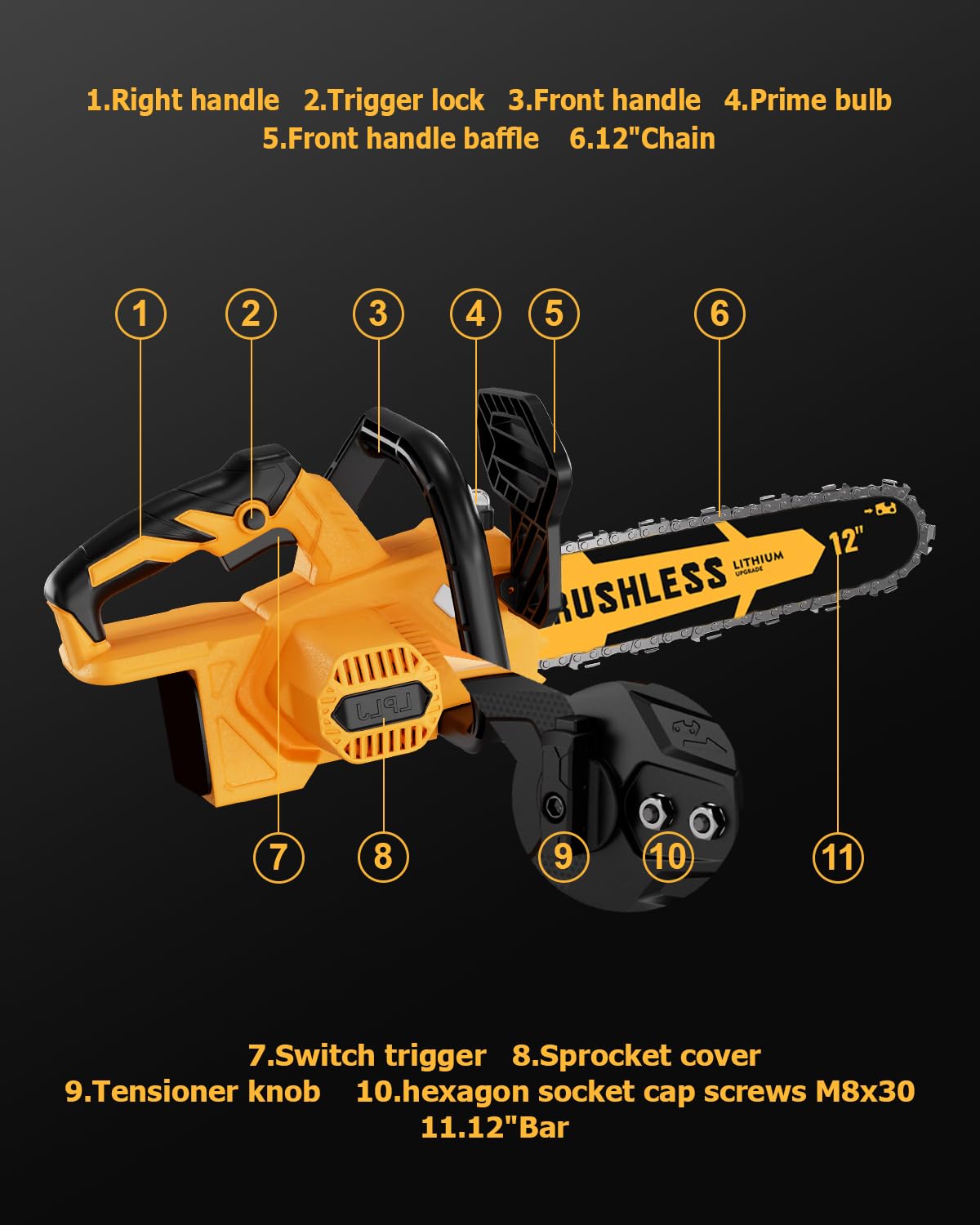 12 Inch Brushless Cordless Chainsaw for 20v Max Battery with Auto Oiler, 45Ft/s 1100W Electric High-Efficiency, No Installation Required, Yellow (Battery Not Included)