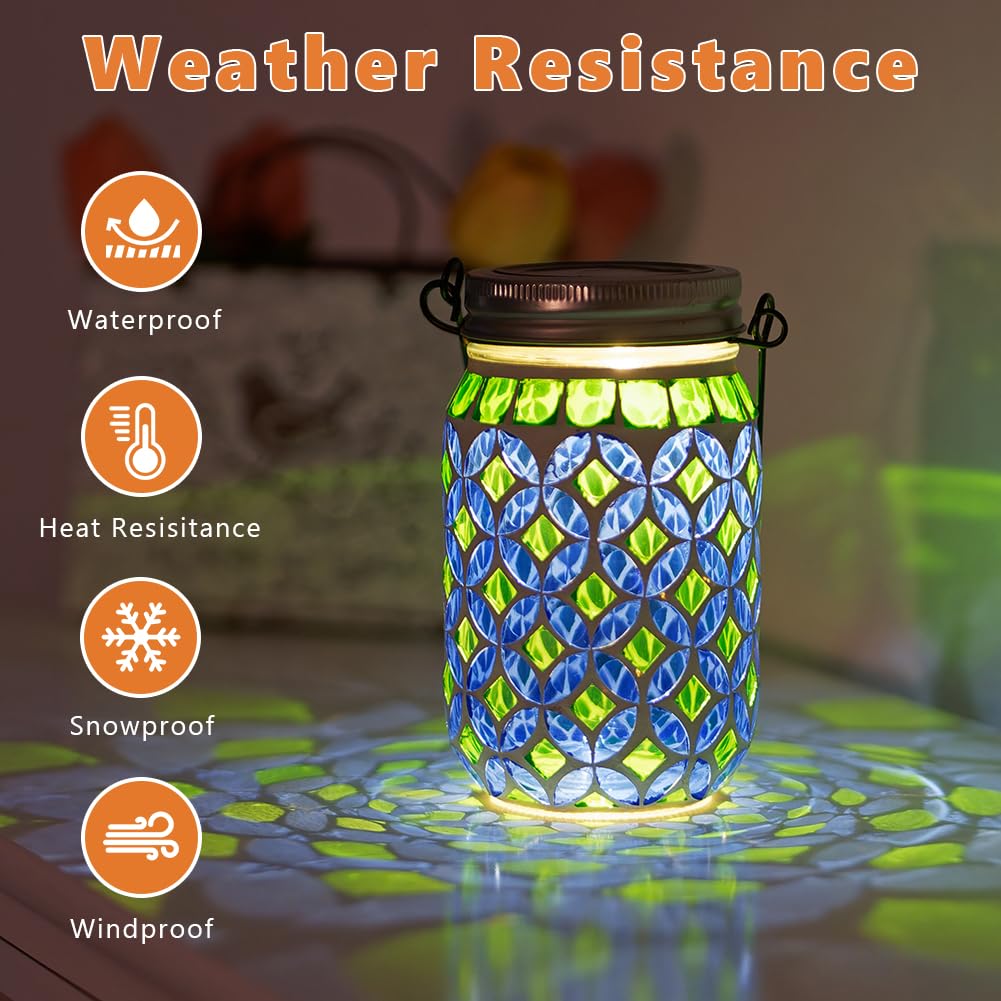 Stargarden Mosaic Solar Lantern , Outdoor Hanging Lantern Waterproof Table Lamp Mosaic Night Light for Tree, Garden, Patio, Yard, Outdoor(Blue Green)