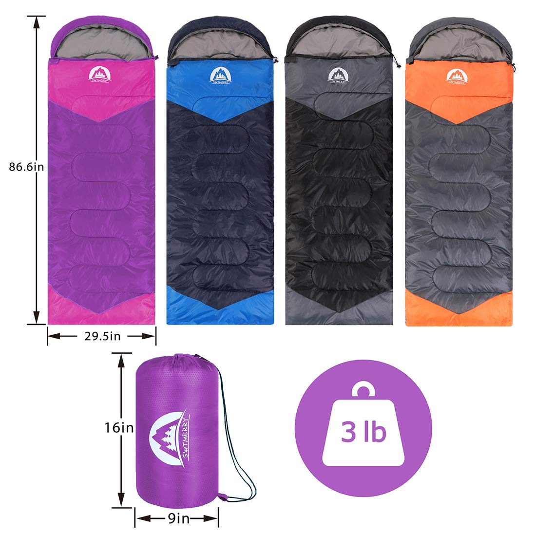 SWTMERRY Sleeping Bag 3 Seasons (Summer, Spring, Fall) Warm & Cool Weather - Lightweight,Waterproof Indoor & Outdoor Use for Kids, Teens & Adults for Camping Hiking, Backpacking and Survival (Purple)