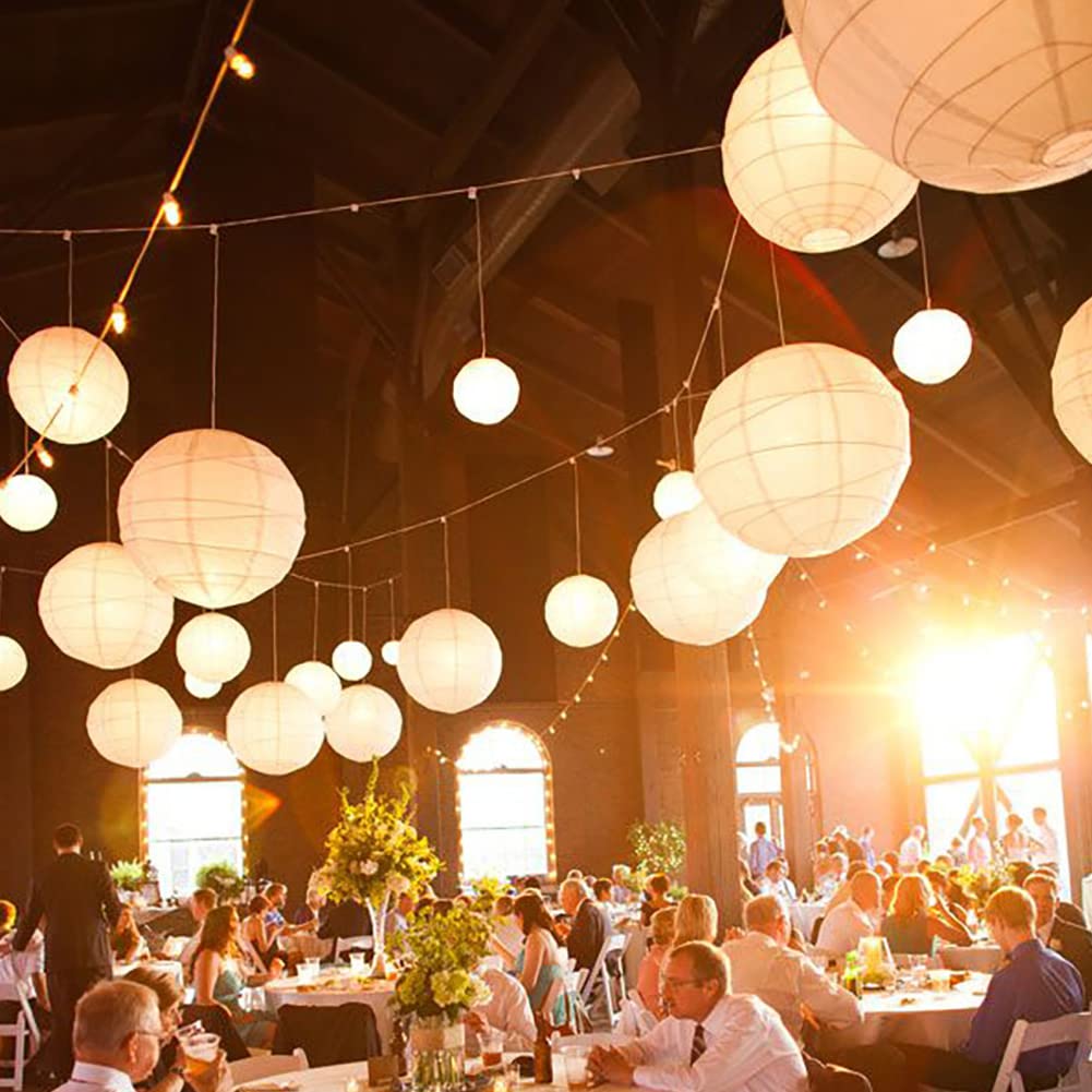 YUNXUAN Paper Lanterns Decorative, White Hanging Round Chinese Lanterns with Lights for Wedding Anniversary Birthday Party 12 LED Light Pack of 12