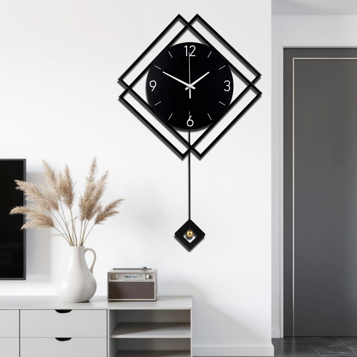 Wall Clock with Pendulum,Silent Quality Quartz Battery Operated,Modern Large Wall Clocks for Living Room Kitchen Home Bathroom Bedroom Wall Decor,16.2x26Inch(Black)
