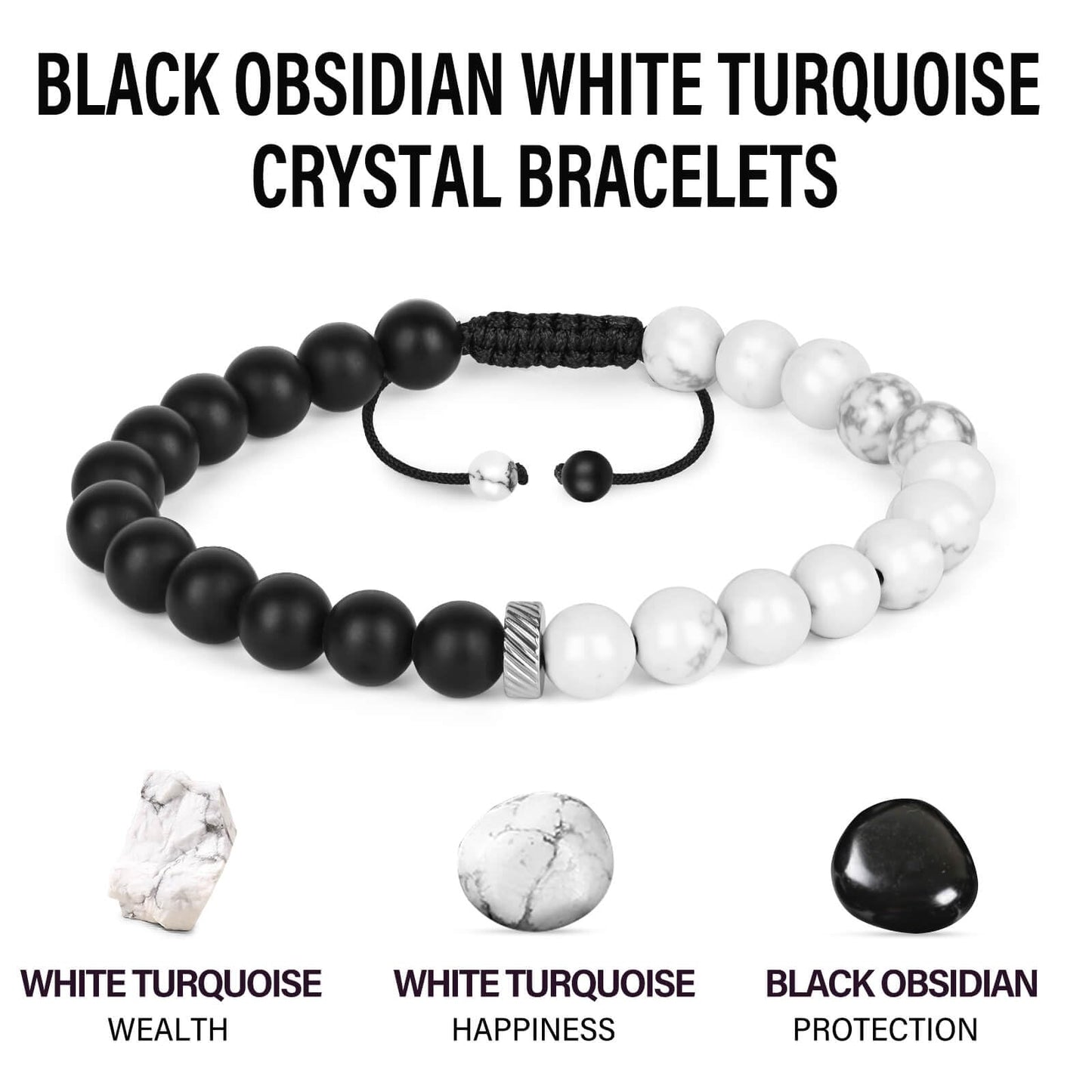 Black Obsidian White Stone Protection Bracelets, Black Obsidian Agate Men Women Crystal Bead Bracelet for Courage, Money Wealth Prosperity Handmade Good Luck Energy White Quartz Stone Bracelets