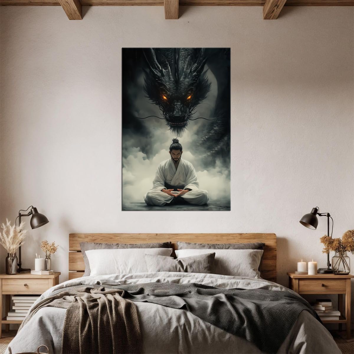 Meditating Samurai Black Dragon Wall Art Glowing Eyes Misty Japanese Warrior Canvas Print Oriental Dragon Zen Decor for Living Room Bedroom Home Office Ready to Hang-12x16 inch