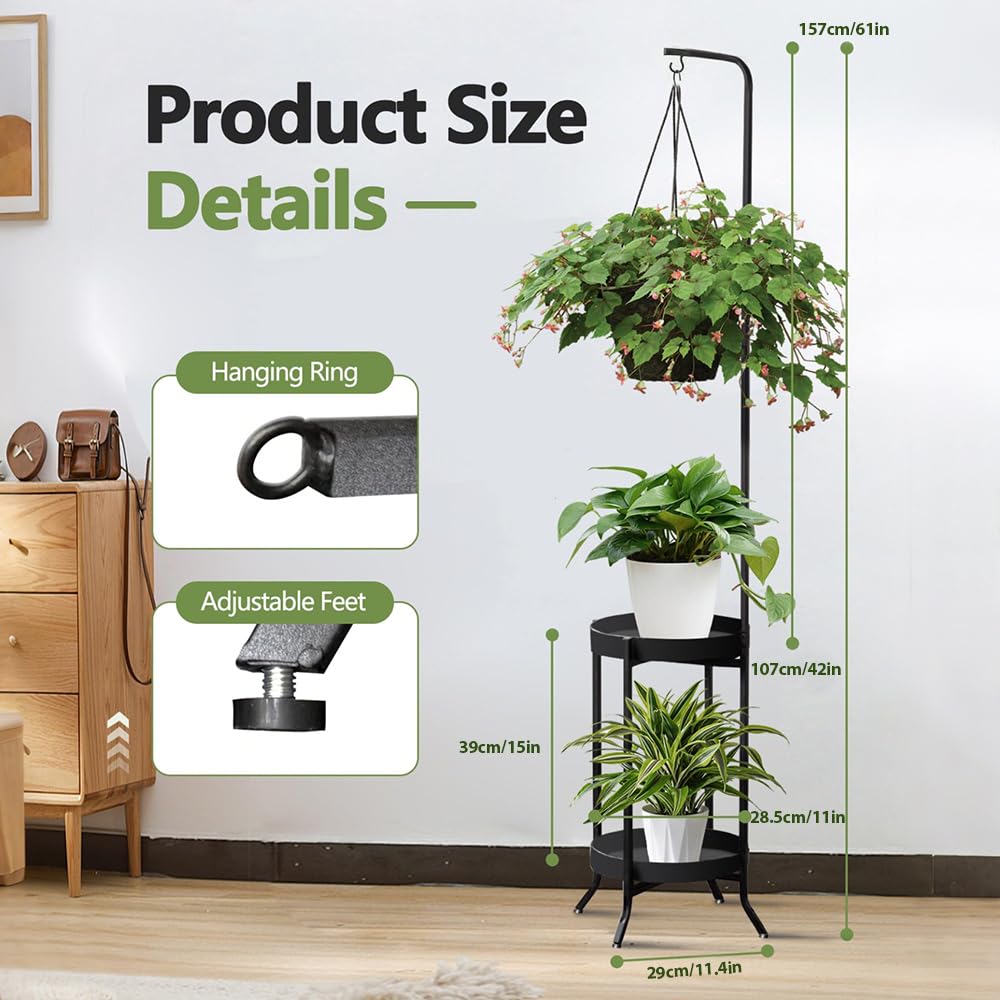 2 Tier Plant Stand Metal Plant Shelf Indoor Outdoor, Tall Corner Hanging Plant Shelf Metal Flower Stands Ladder, Heavy Duty Tall Flower Shelf Large Planter Holder for Living Room Garden Balcony Patio, Hanging Plant Holder, Standing Shelf