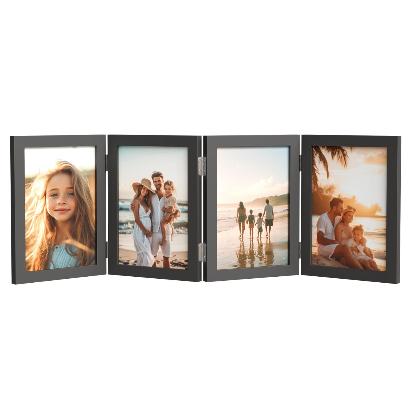 WARM&LOVE 4 Picture Frame, 4x6 Four Folding Hinged Photo Frames, Rustic Wood Desk Family Photo Collage Stand Vertical on Tabletop for Birthday Family Lover Gift (Black)