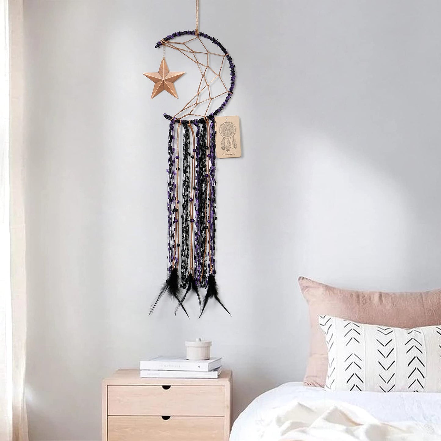Dremisland Moon Dream Catcher Handmade Half Circle Moon Design Dream Catcher Feather Hanging with Star Home Decoration Ornament Festival Gift (Purple)