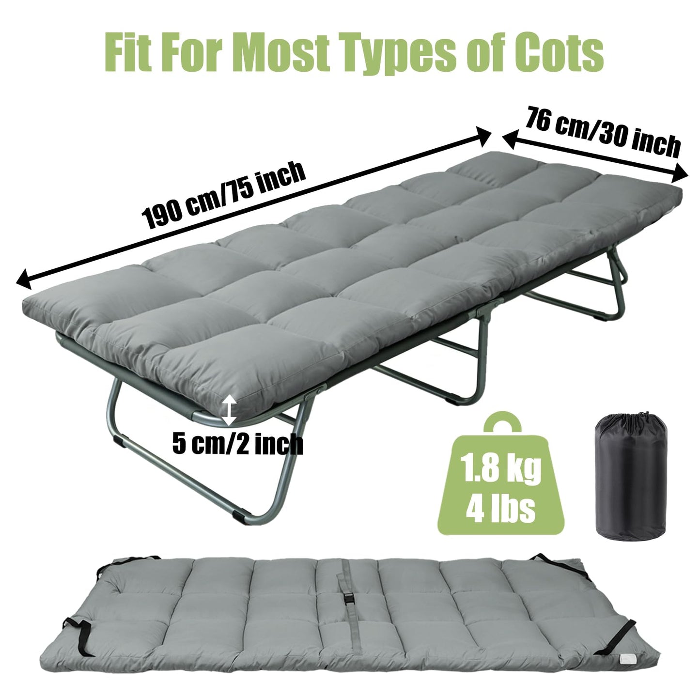 Tuphen Cot Mattress Pad-Cot Pads for Camping, Cot Mattress Topper, Camping Mattress Sleeping Pad 75"x30" Soft Lightweight Quilted Pads for Camp Cot/RV Bunk/Narrow Twin Beds (Grey)