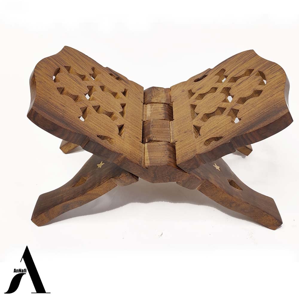AnNafi® Wooden Book Holder Stand | Rehel/Rehal for Quran Geeta Bible | Indian Book Holders for Reading Hands Free for Desk Gold Stickers | Holy Book Stand Prayer Wood Islam Decor Handmade Gifts