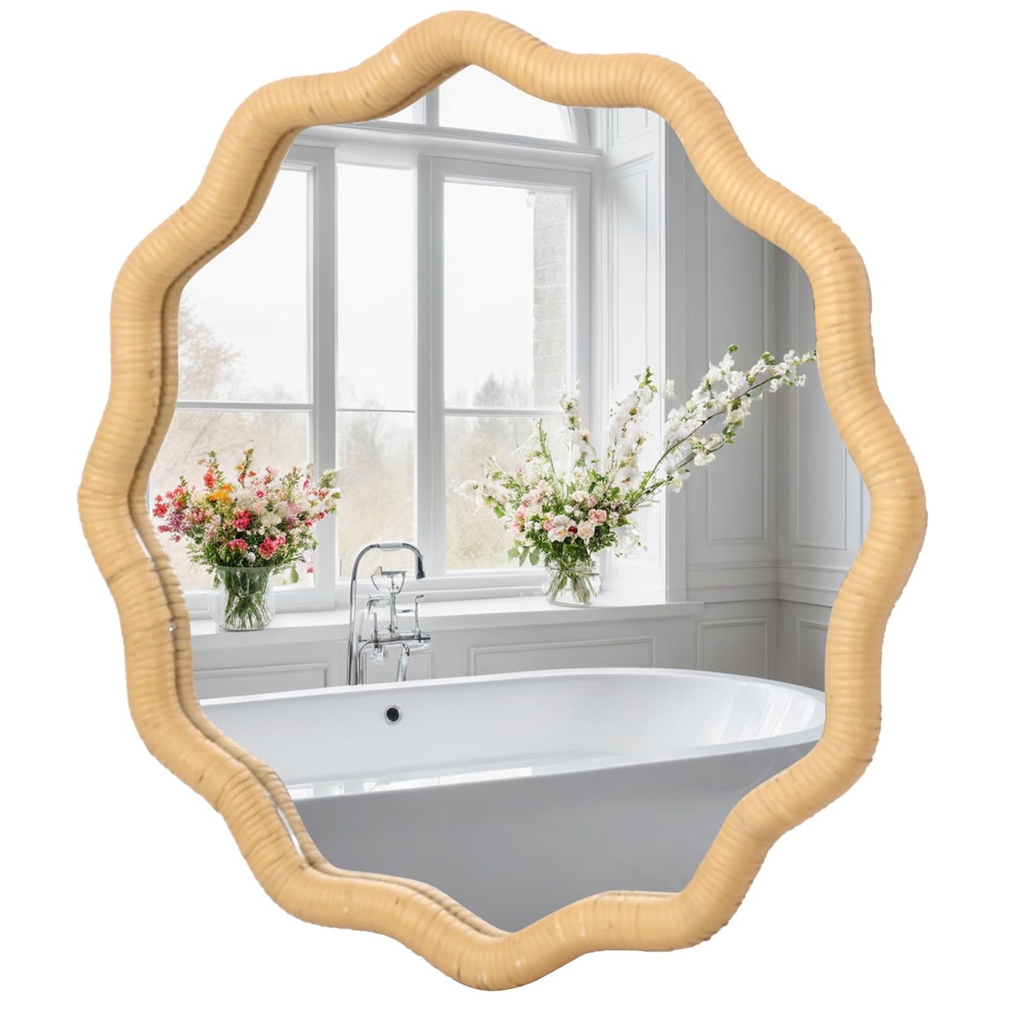 FUIN 20" Round Rattan Wall Mirror, Scalloped Wavy Wicker Frame – Handwoven Natural Boho Decor for Bathroom Vanity, Nursery & Entryway – Distortion-Free Glass