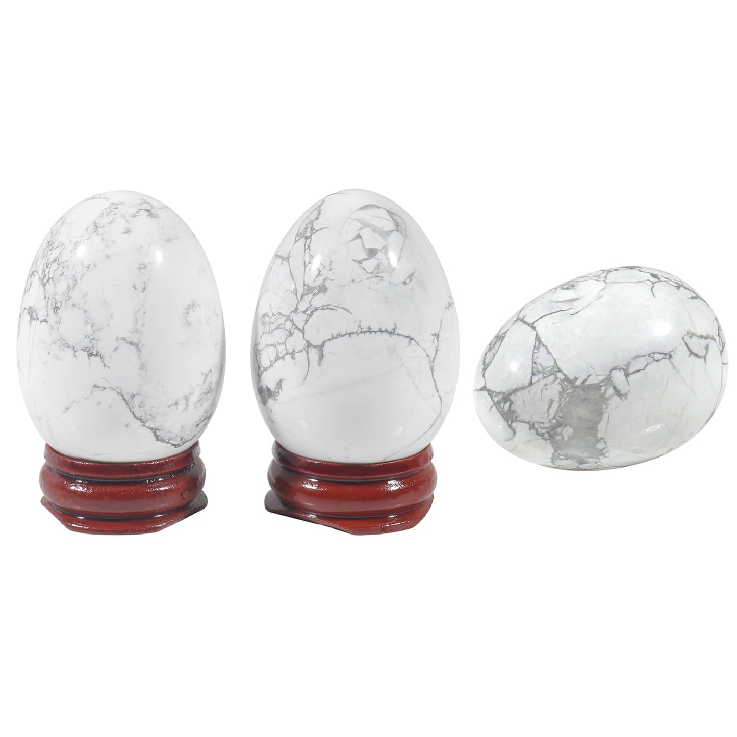 Fekuar Stone Egg Figurine, Polished Healing Crystal Easter Eggs Sphere Sculpture with Wood Stand, Natural White Howlite Turquoise, 1.8"