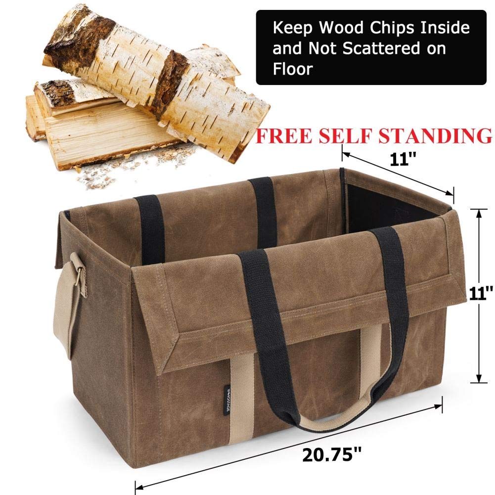 INNO STAGE Free-Standing Firewood Log Carrier Bag - 22 oz Thickened Waxed Canvas Fire Wood Holder Tote with Adjustable Shoulder Strap and Soft Handles for Camping or BBQ Barbecue Dark Khaki