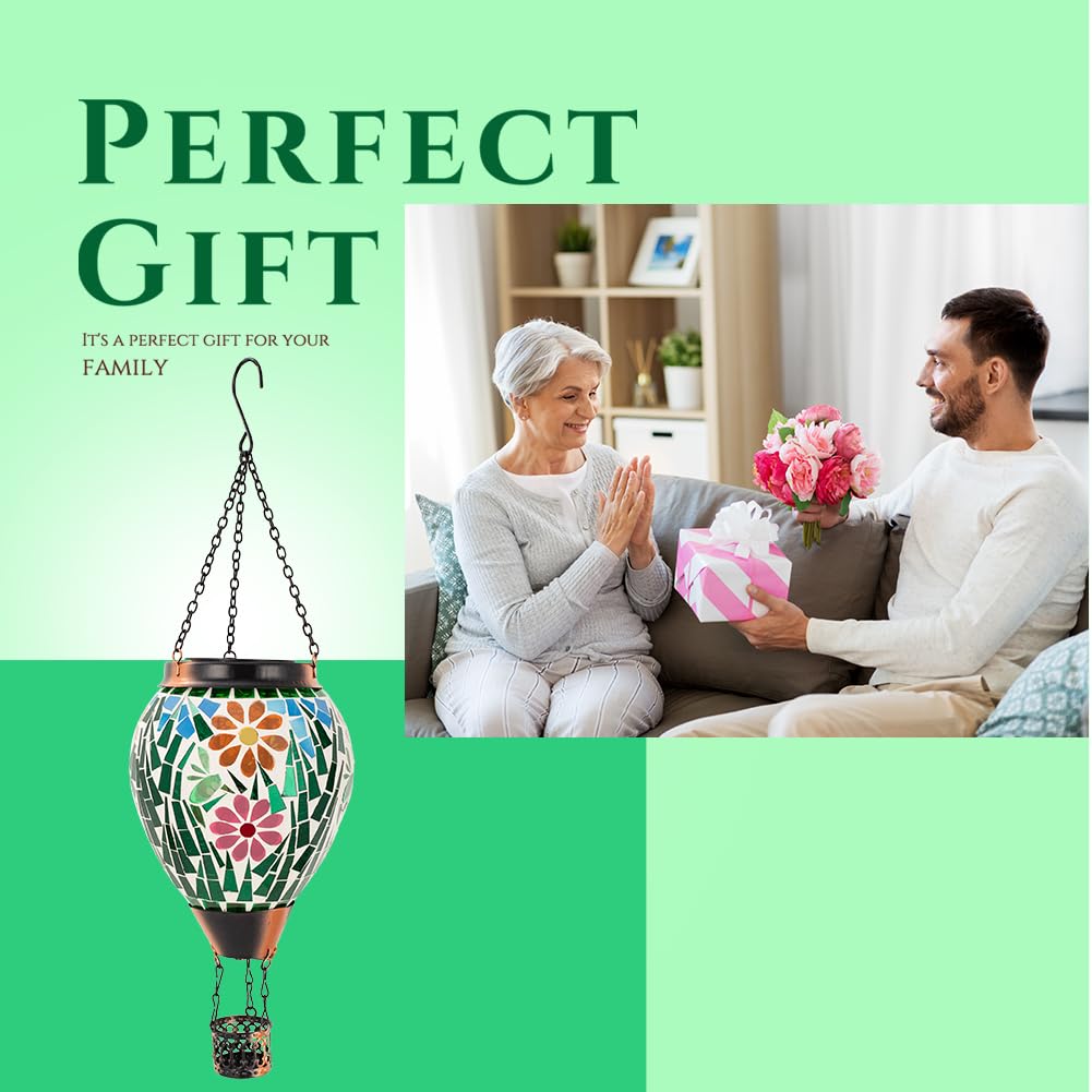 Giole Mosica Hot Air Balloon Solar Lantern, Flower Pattern Glass Hanging Solars Lanterns Outdoor Waterproof Decorative Solar Light for Garden, Yard, Patio Decor
