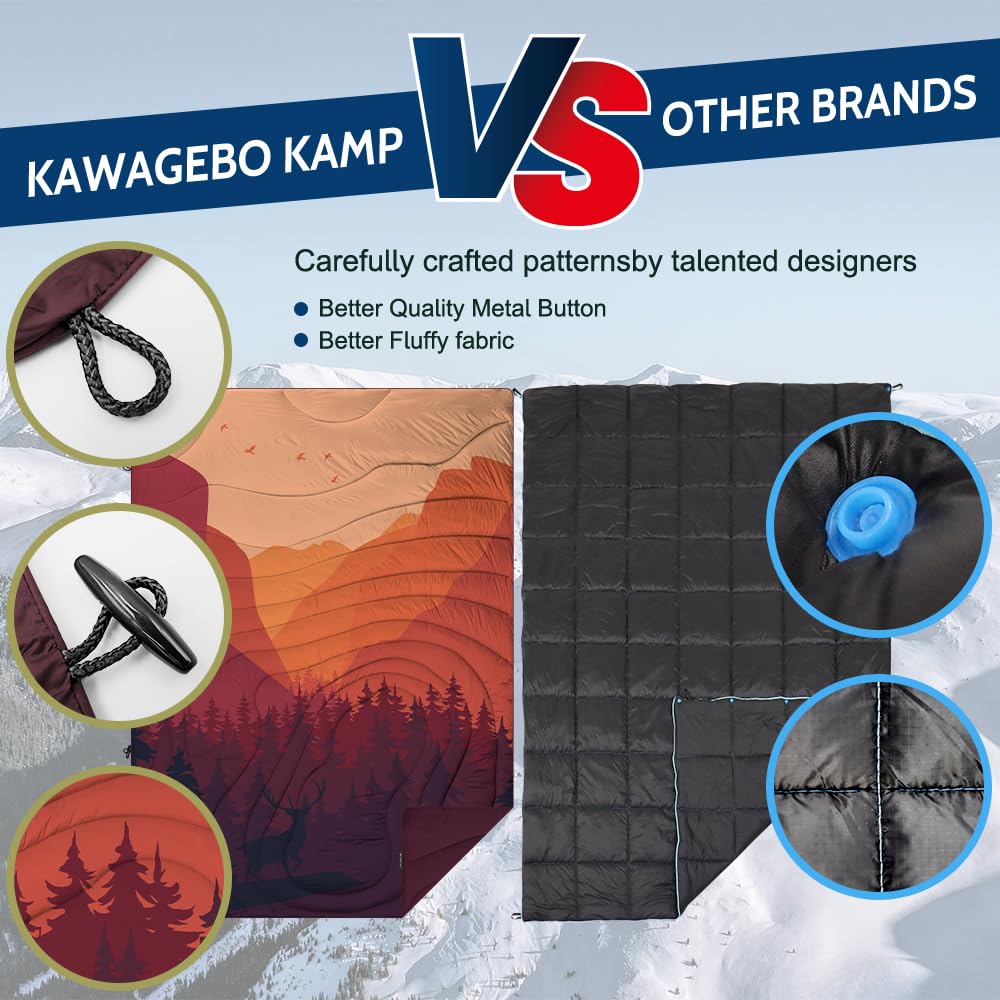 KawaGebo Kamp Camping Blanket Puffy - Outdoor Stadium Blanket Wearable, Lightweight, Packable, Machine Washable Camping Quilt for Traveling, Picnic, Beach, Party 78"x 56" (Sunset Mountain Scenery)