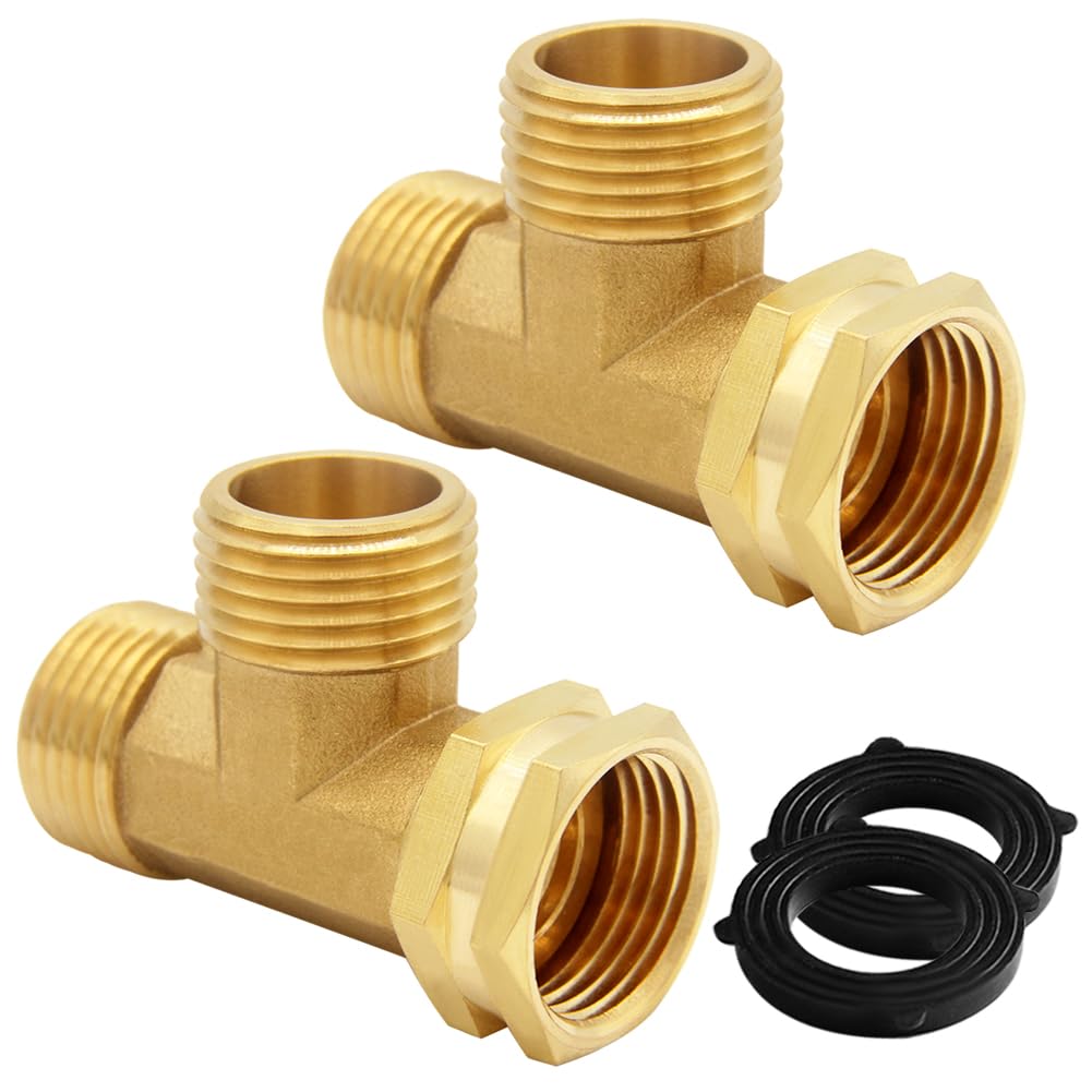 Uenede 2PCS Brass 3/4 Inch GHT Swivel Tee Pipe Fitting 3/4" GHT Male x Male x Female for Garden Hose Threaded Tube Pipe Fittings