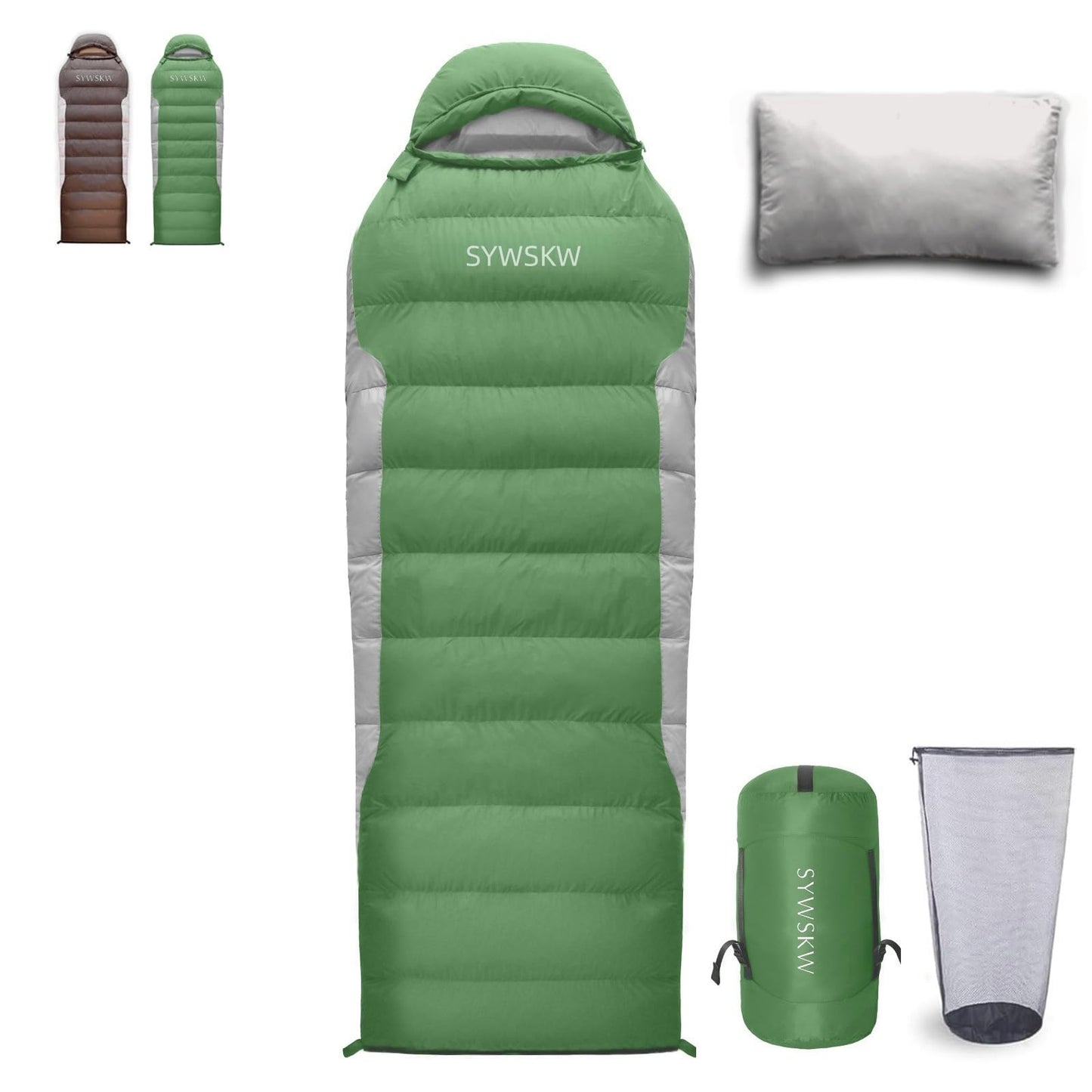 SYWSKW Ultralight Down Sleeping Bag with Pillow,15°F 32°F 46°F Sleeping Bag for Women,Men,Youth Backpacking,Hiking and Camping Outdoor with 680FP Duck Down (Green, 800g Down Filling)