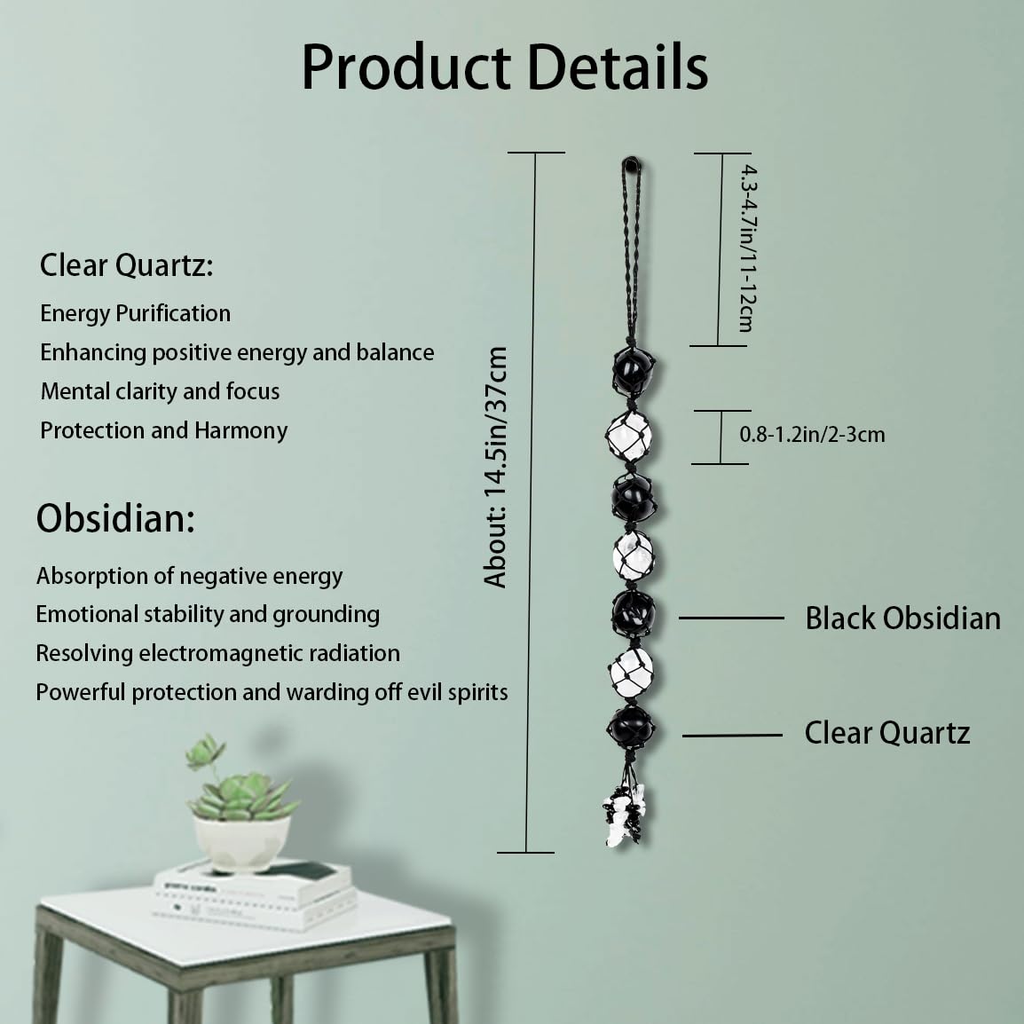 Runyangshi Hanging Car Charm Clearn Crystal Black Obsidian Healing Crystal and Stones Natural Crystals Car Hanging Omament with Chips Stones Accessories Rearview Mirror Decorations