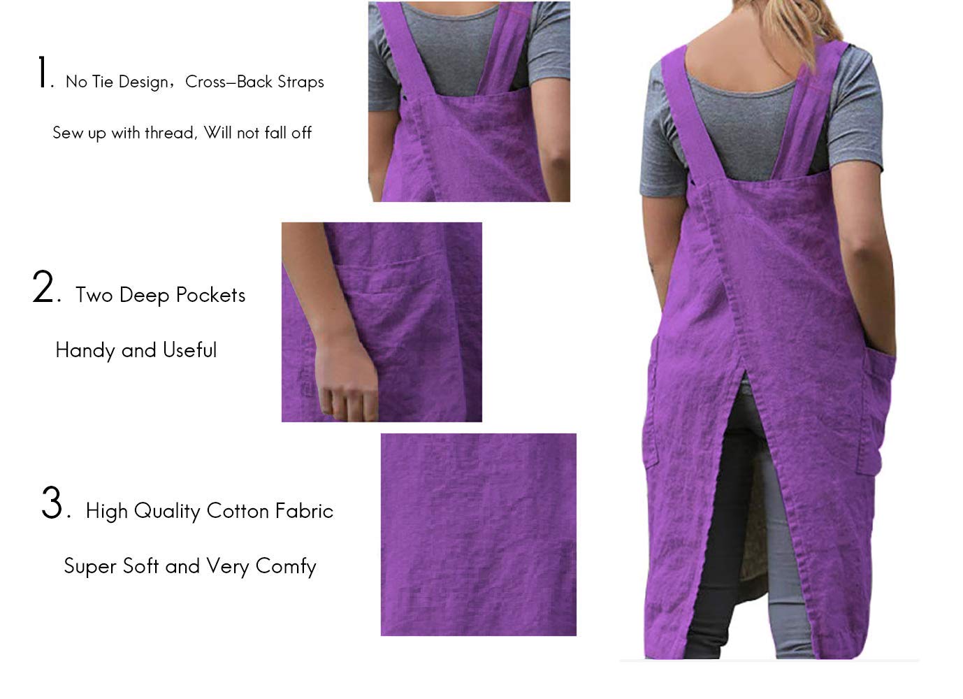 Larmliss Women's Pinafore Square Apron Baking Cooking Gardening Works Cross Back Cotton/Linen Blend Dress with 2 Pockets Purple-M