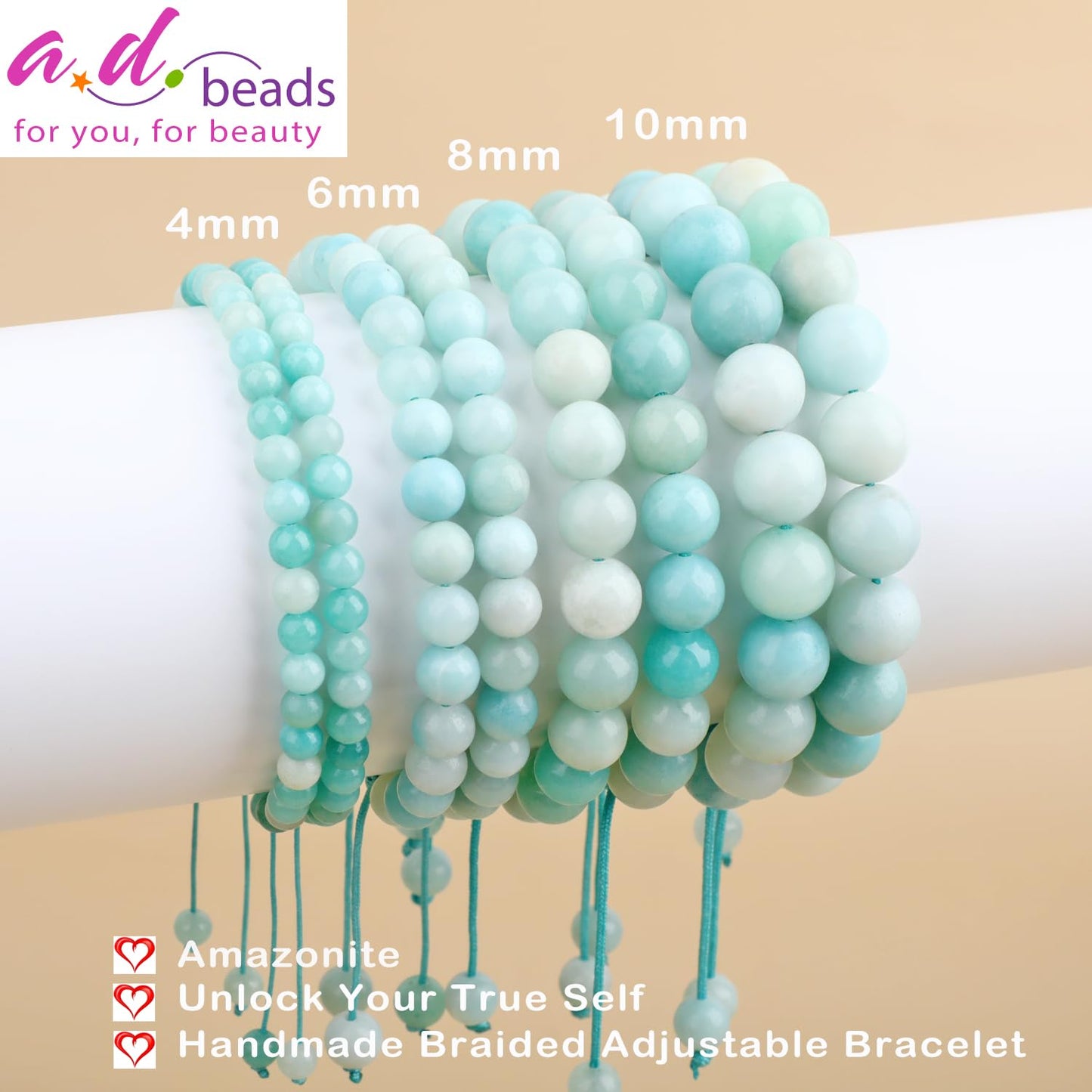 AD Beads 8mm Amazonite - Unlock Your Ture Self - Handmade Natural Stone Crystal Bracelet with Adjustable Macrame String - Yoga Healing Power Energy Gifts for Men and Women