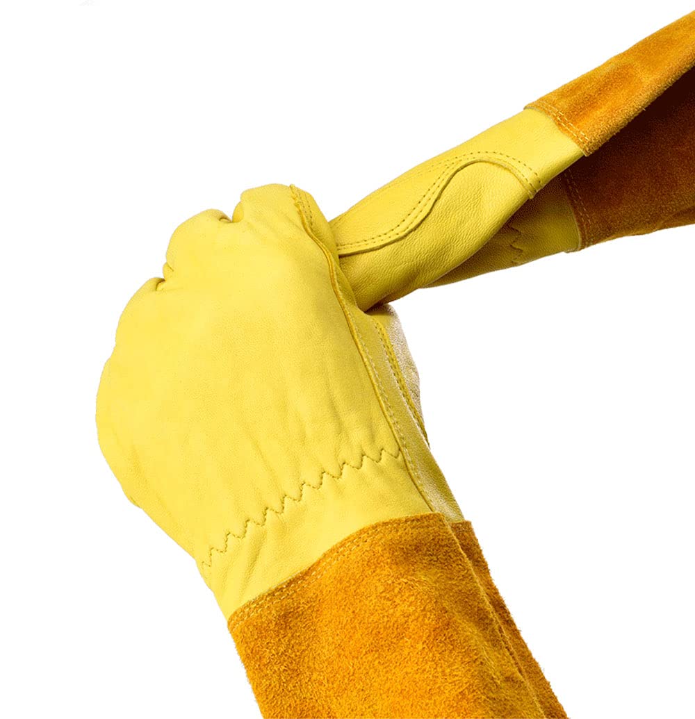 KINDE Gardening Gloves - Thorn Proof Cowhide Leather Rose/Blackberry Pruning Long Forearm Protection Gauntlet, Work Garden Gloves (BROWN, Small)
