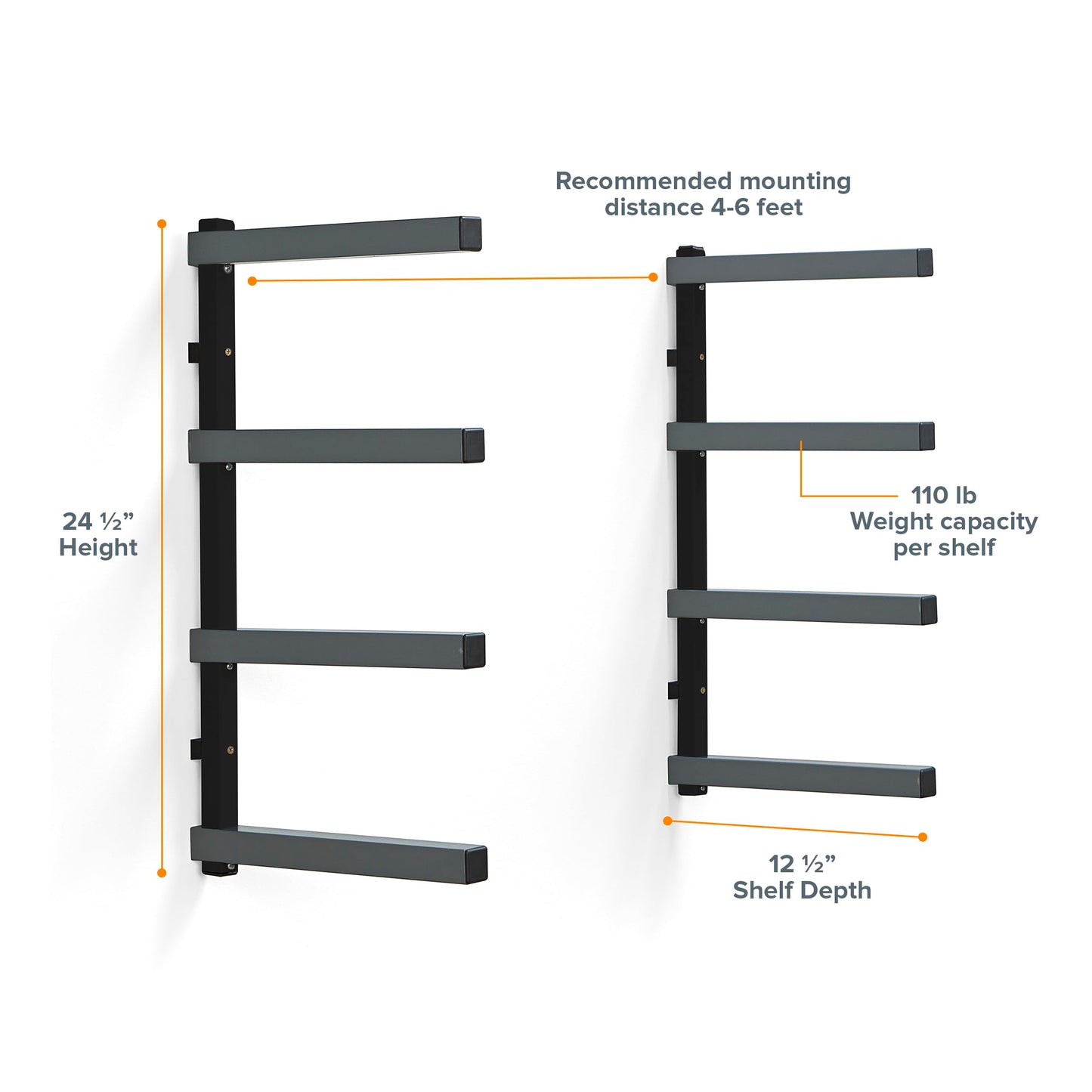 Bora 4-Level Lumber Storage Rack Wood and Garage Organization Space-Saving Metal Shelf for Pipes, Boards, Plywood, and Building Materials - PBR-004B Black Gray