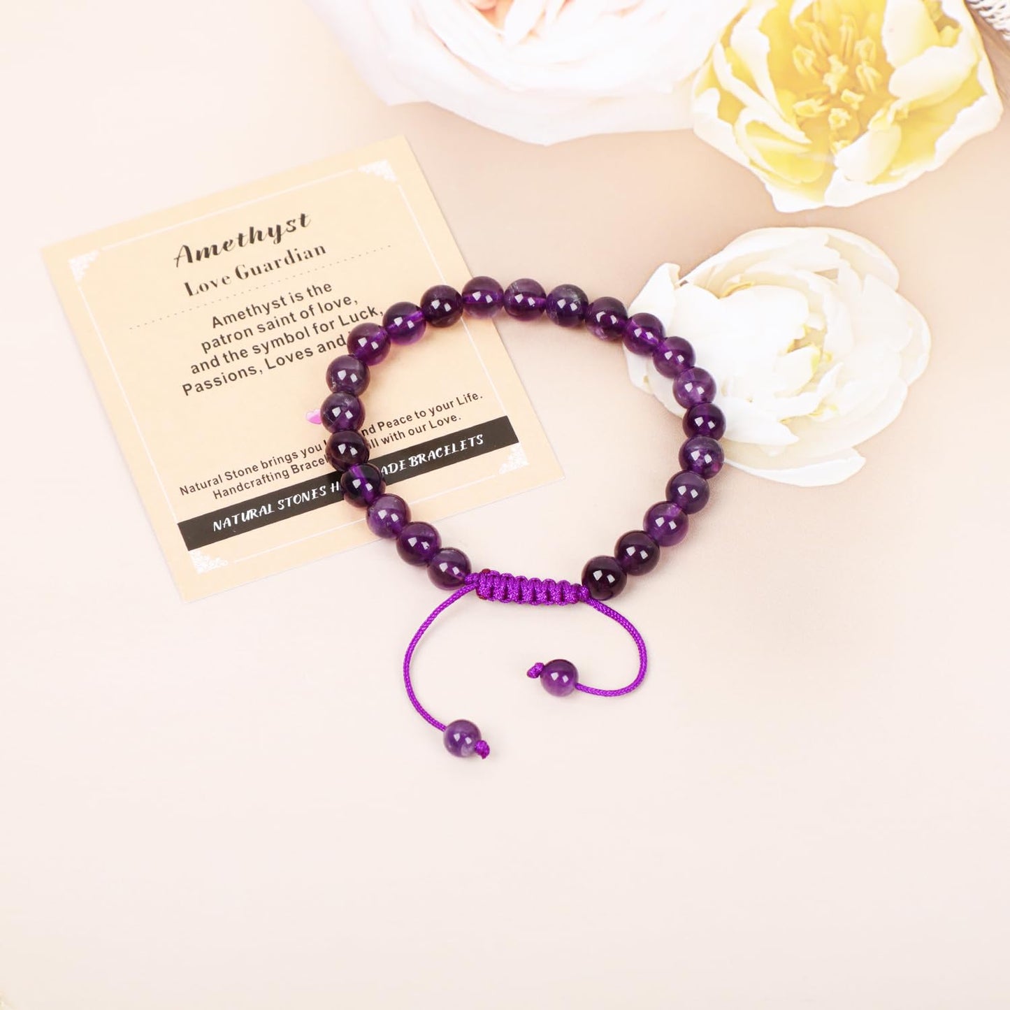 AD Beads 8mm Amethyst Bracelet - Stone of Love Guardian - Handmade Natural Stone Crystal Bracelet with Adjustable Macrame String - Yoga Healing Power Energy Gifts for Men and Women