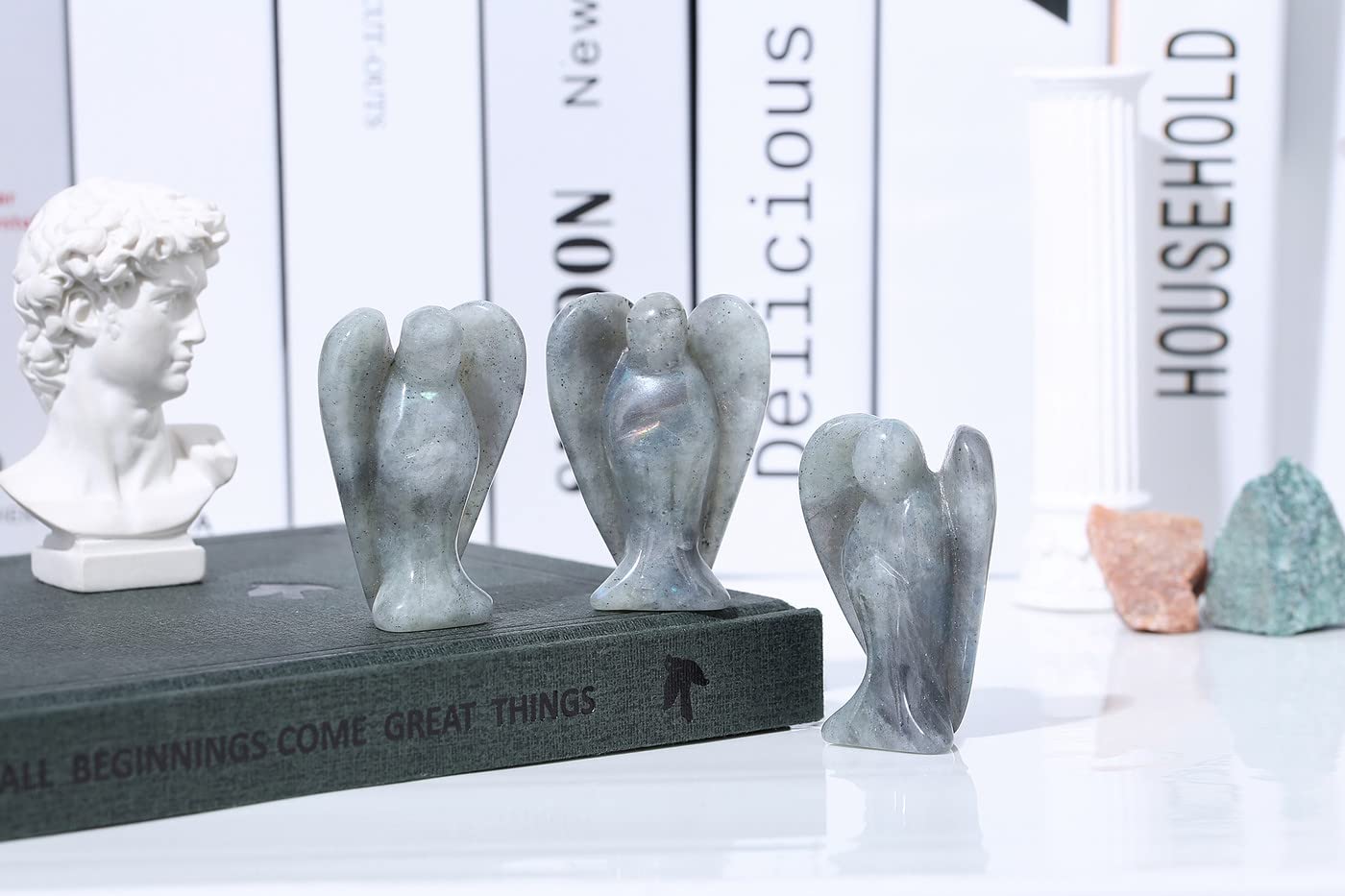 YATOJUZI 2" Crystal Angel Decor Labradorite Healing Polished Gift Stone Sculpture Statue Hand Carved Cute Figurines Gemstone Reiki Home Room Office Desk Decoration Guardian Angels Gifts for Women Men