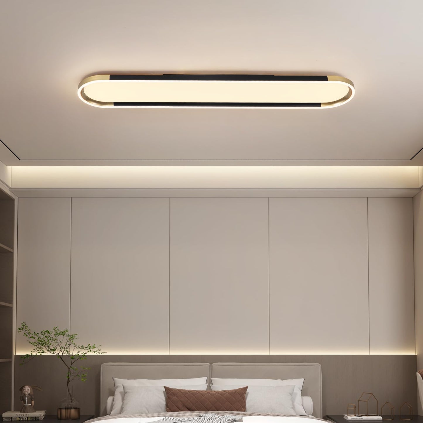 ADISUN Modern LED Ceiling Light Dimmable Linear Ceiling Light 39.4in Semi Flush Mount Long Lights with Remote Control and Down Lighting for Living Room Kitchen Dining Room Black & Gold