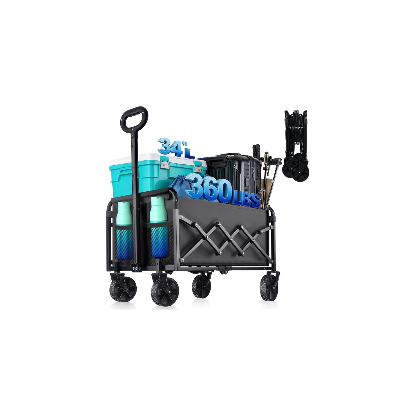 360LBS Collapsible Wagon Cart with Wheels - Heavy Duty Folding Wagon Carts for Grocery, Lightweight Utility Wagon with All-Terrain Wheels & 2 Cup Holders, Portable Beach Wagon for Shopping Garden