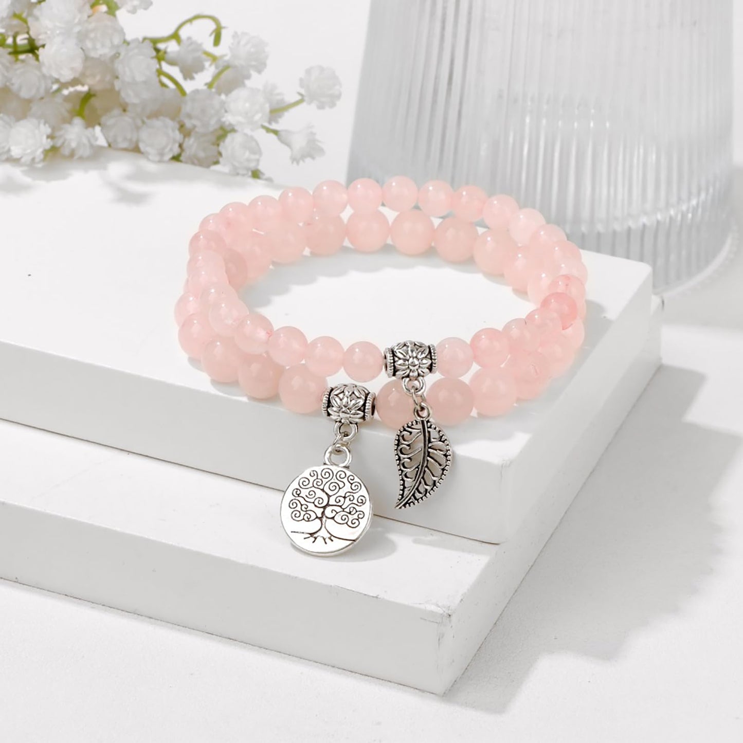 Rose Quartz Bracelets for Women Pink Quartz Natural Stone Crystal Bracelet Gemstone Beaded Bracelet Boho Tree of Life and Leaf Charm Bracelet Rose Quartz Jewelry for Women