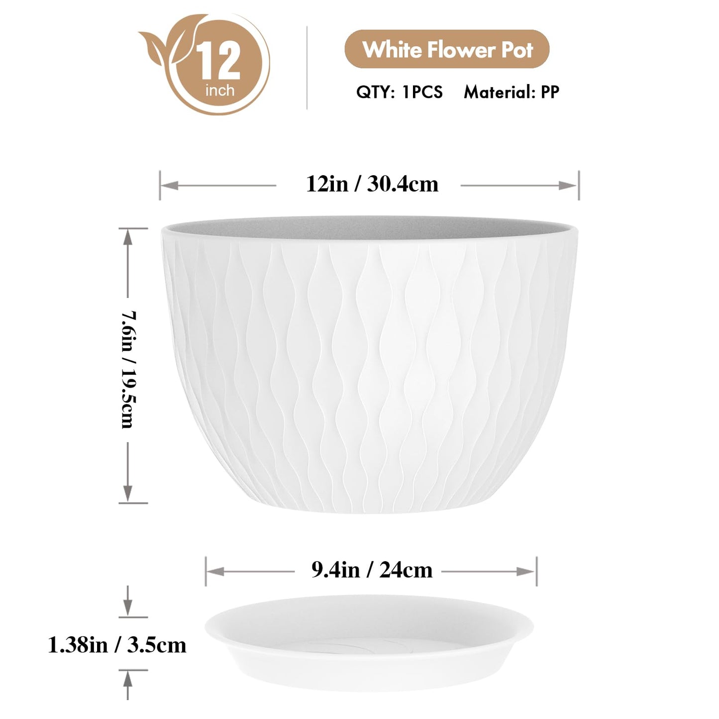 WSMKSZ 12 Inch Large Plant Pots for Indoor or Outdoor Plants, Wide Water Ripples Flower Pots with Drainage Holes & Saucer, Plastic Planters Set for Garden & Home Decor (White)