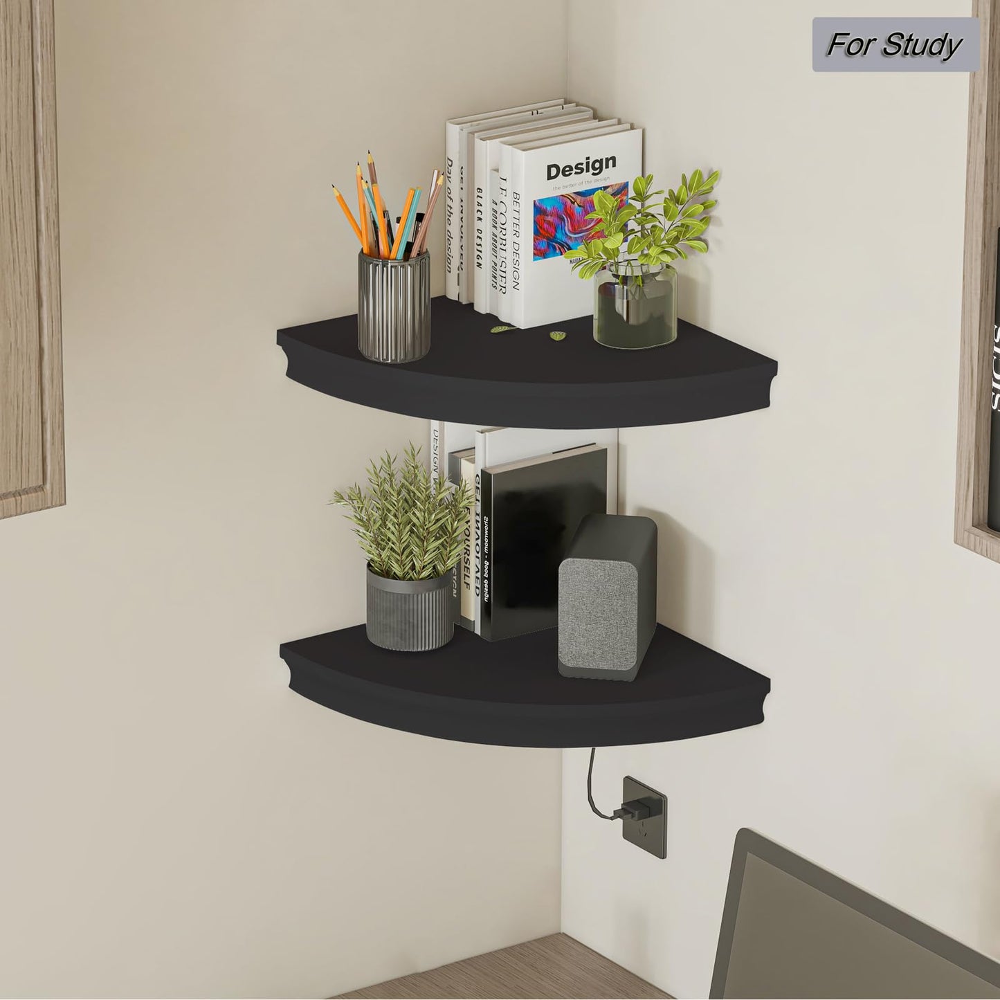 HAO Floating Corner Shelf Invisible Wall Mounted Shelves Radial Shape Cable Wire Hole Pattern Perfect for Bedroom Bathroom Living Room Kitchen Set of 2 Black