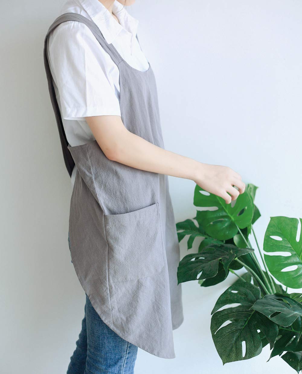 NEWGEM Japanese Linen Cross Back Kitchen Cooking Aprons for Women with Pockets Cute for Baking Painting Gardening Cleaning Gray