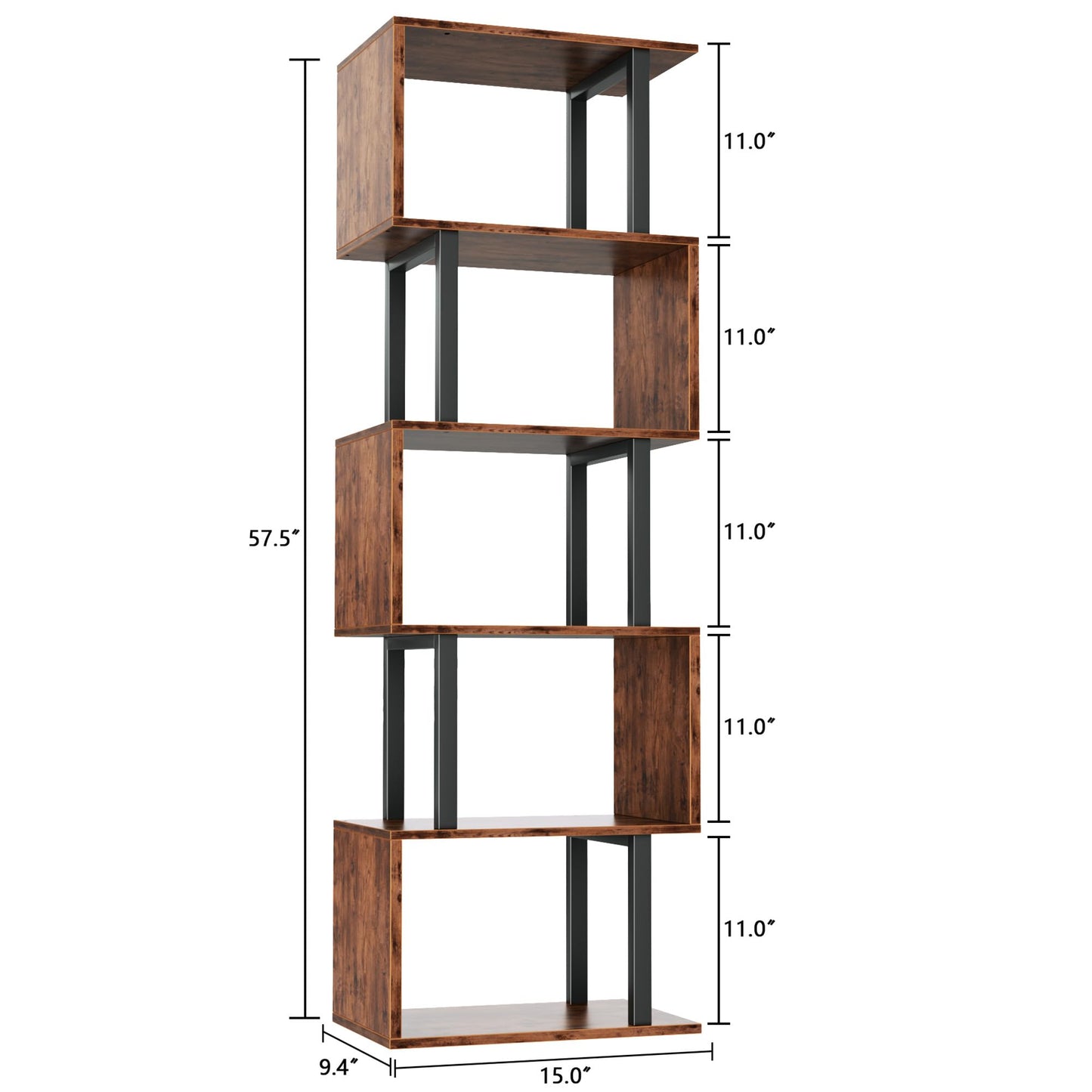 Furologee 6 Tier Bookshelf, Tall S Shaped Geometric Bookcase, Modern Display Shelf Standing Unit, Wood Metal Decorative Divider Rack for Living Room Bedroom Office, Rustic Brown
