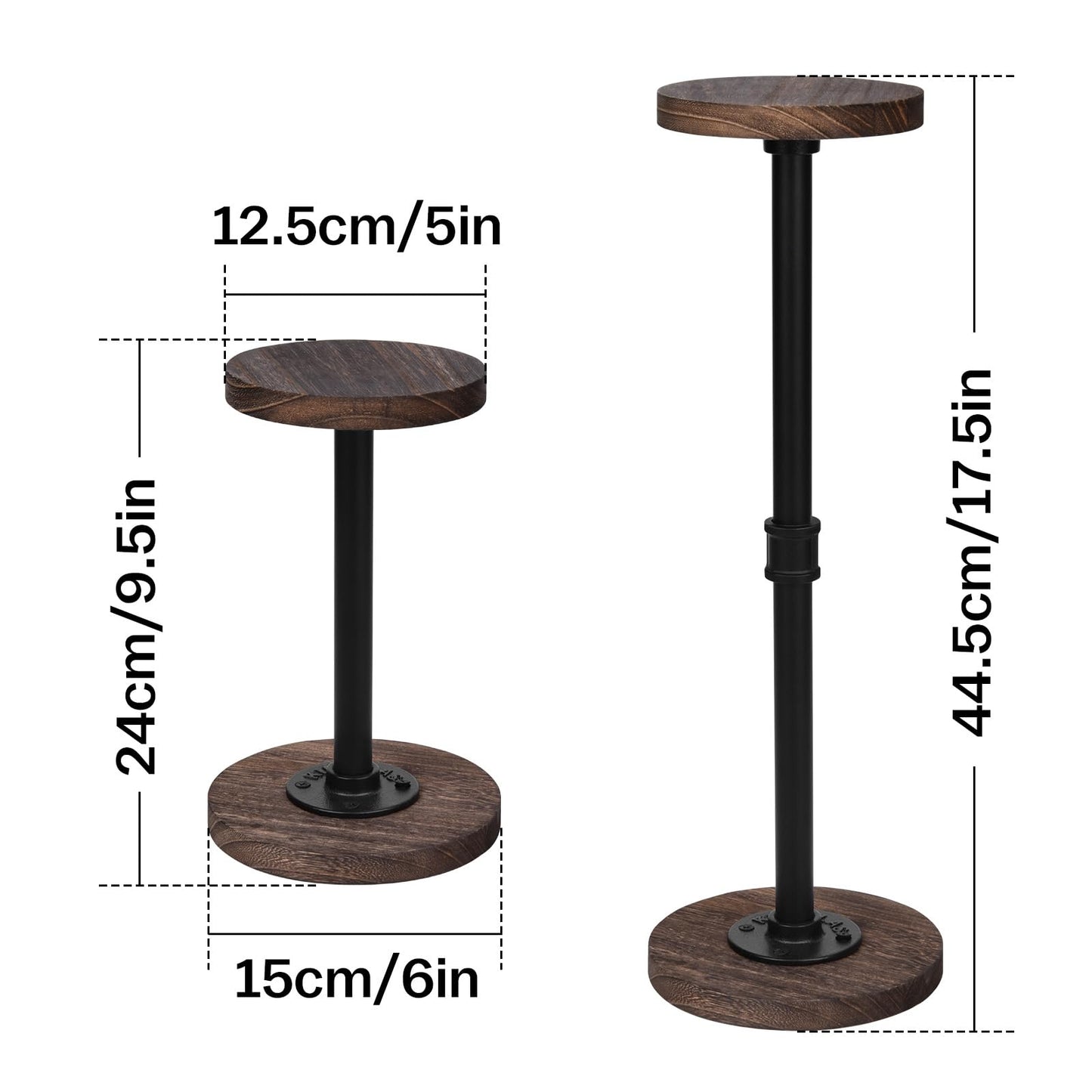 Vrietina 2 Pcs Tabletop Hat Stand Cap with Height Adjustment, Industrial Metal Pipe Rustic Burnt Wood Hat Rack, Wig Rack or Jewelry Display Riser
