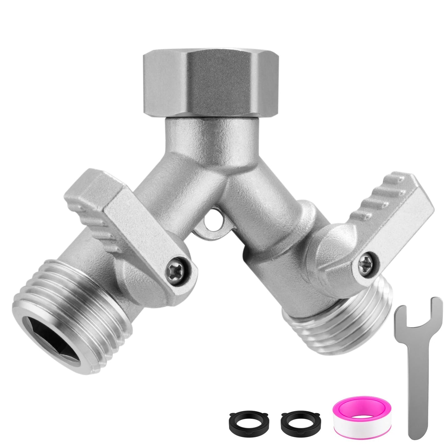 Garden Hose Splitter 2 Way Heavy Duty, 304 Stainless Steel 2Way Hose Splitter, 3/4 Inch Water Hose Splitter 2 Way, Full Flow Garden Hose Y Splitter(All Components are Stainless Steel)