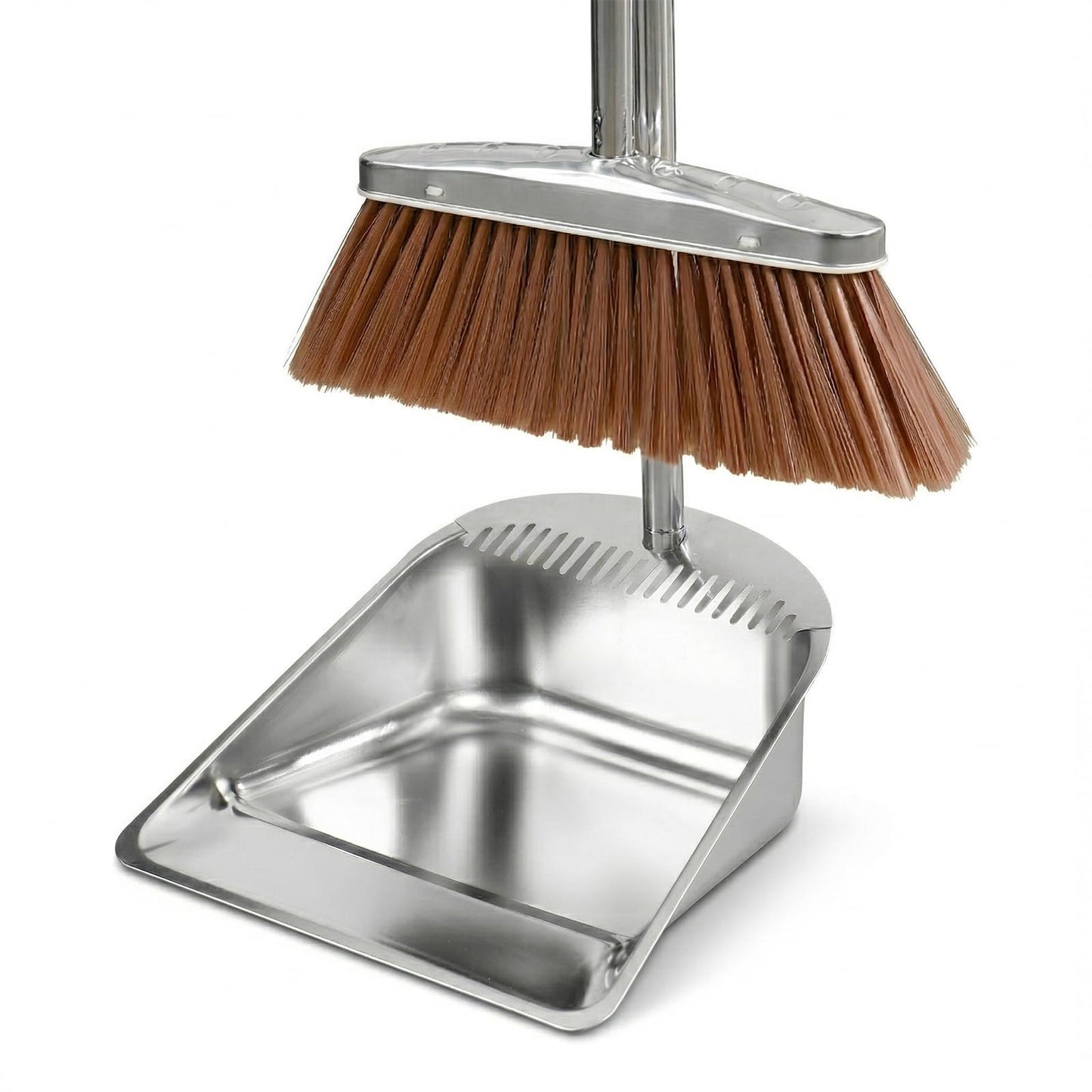 Stainless Steel Broom and Dustpan Set, 2-Piece, Long Handle Standing Design with Comb Teeth, Heavy Duty Windproof Upright for Home, Kitchen, Indoor Outdoor Use (Silver Teeth)
