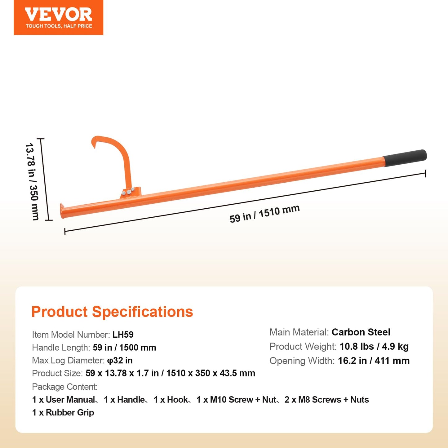 VEVOR 59'' Felled Cant Hook Logging Tool, Adjustable Heavy Duty Steel Log Roller, Log Lifter Timber Jack with Rubber Grip, Forestry Logging Tools for Lifting and Handling Logs up to 32" Dia
