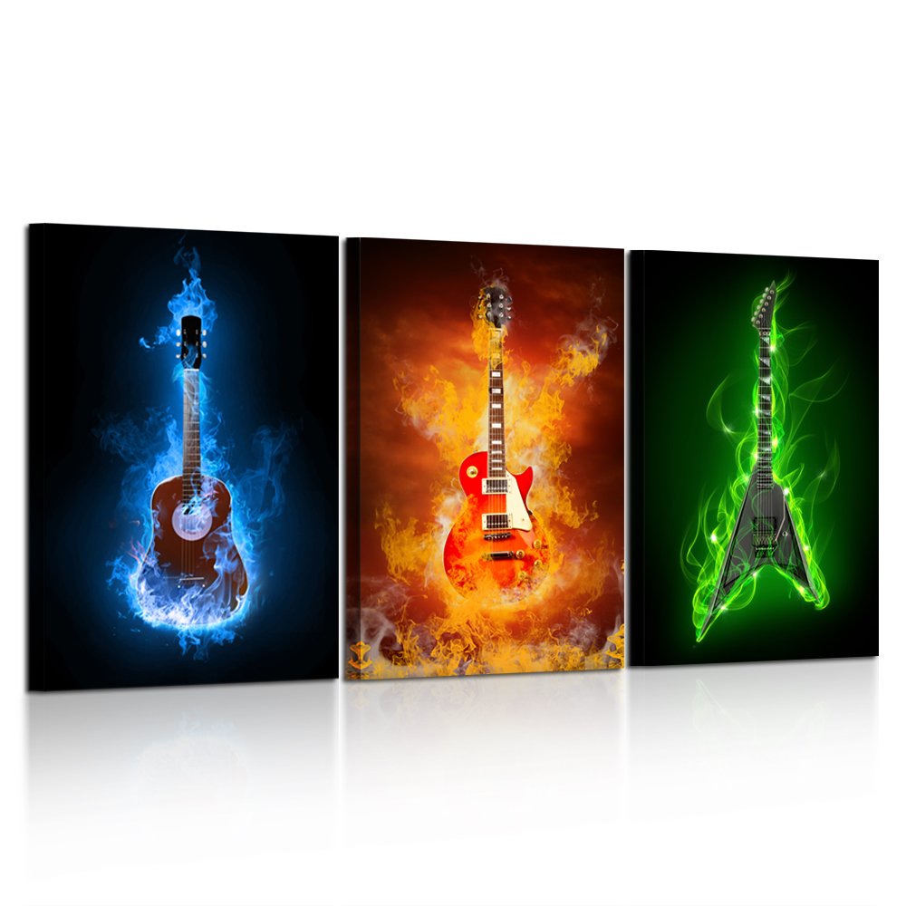 KREATIVE ARTS - 3 Pieces Canvas Prints Fire Burning Eletric Guitar Wall Art Painting Modern Musical Instruments Poster Framed for Living Room Decoration Ready to Hang 16x24inchx3pcs