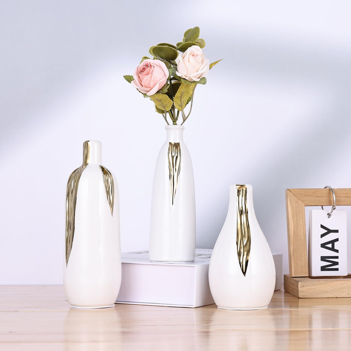 White and Gold Mini Ceramic Vase Set of 3, Small Ceramic Vase Set for Decorative, Bud Vases for Centerpieces Nightstand Kitchen, Boho Farmhouse Home Coffee Table Tray Decor