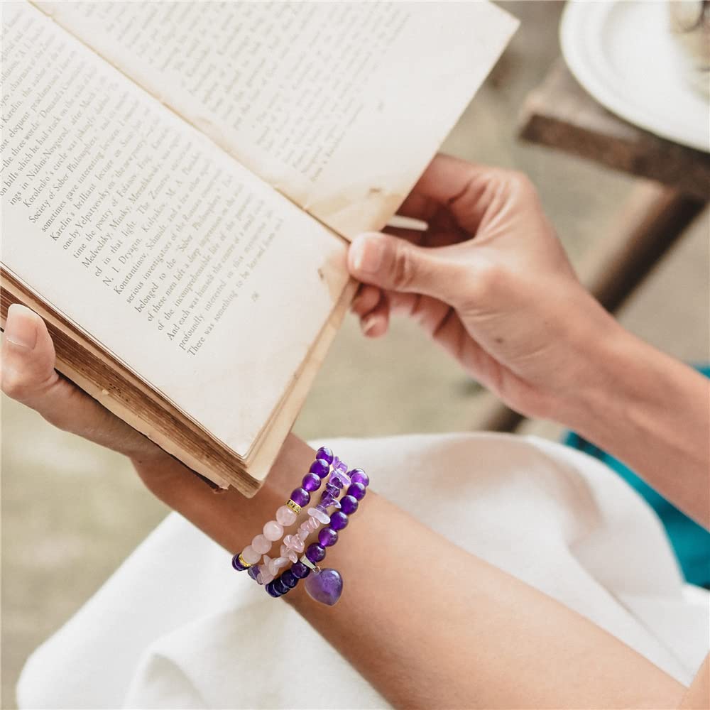 Vinswet Healing Crystal Beaded Bracelets for Women,Natural Amethyst Rose Quartz Gemstones Bracelet,Anxiety Stress Relief Heart Charm Bracelet Handmade purple Jewelry Gifts for Women (3pcs)