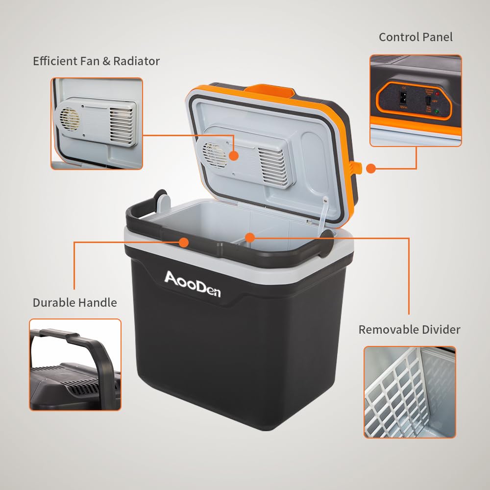 AooDen Electric Car Cooler and Warmer, 26 Quart Capacity, Thermoelectric Iceless Cooler for Travel, Camping, Vehicles, Truck, Home - 12V DC and 120V AC (Black & Orange)