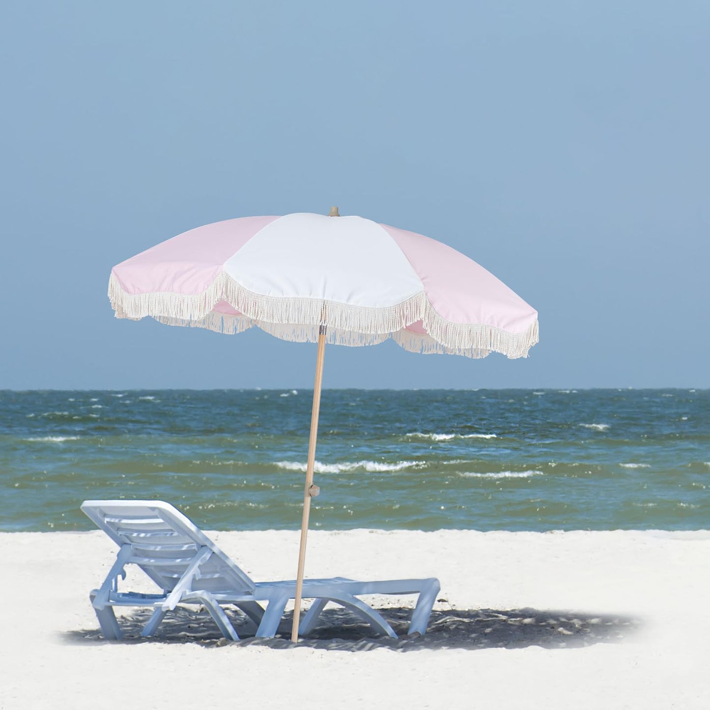 Tempera 7ft Boho Beach & Patio Umbrella with Fringe, Market Umbrellas with UPF 50+ UV & Water-Resistant Canopy, 1.5" Wood Pole & Button Tilt.