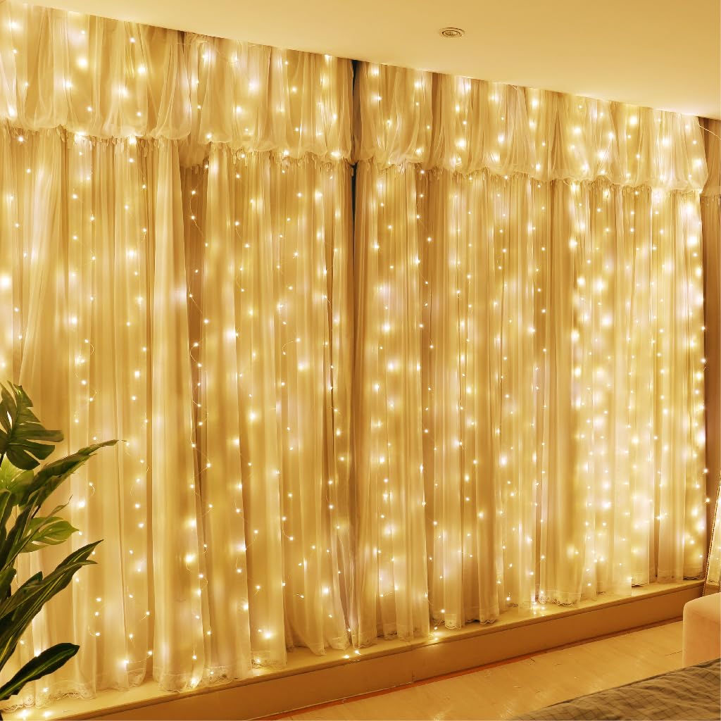 HXWEIYE 300LED Fairy Curtain Lights, 9.8x9.8Ft USB Plug-in 8 Modes Christmas String Hanging Lights with Remote for Bedroom Backdrop Wedding Indoor Wall Decor, Warm White, Standard – 1 Pack