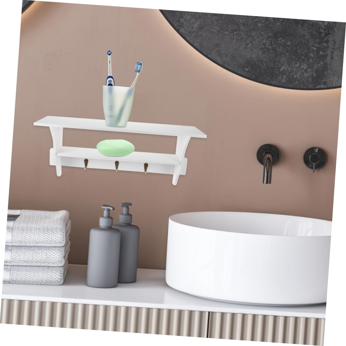 ABOOFAN Modern Wall Shelf with Hooks Floating Storage Rack for Home Decor Key Holder and Organizer Design for Entryway Bedroom and Bathroom Elegant White Finish