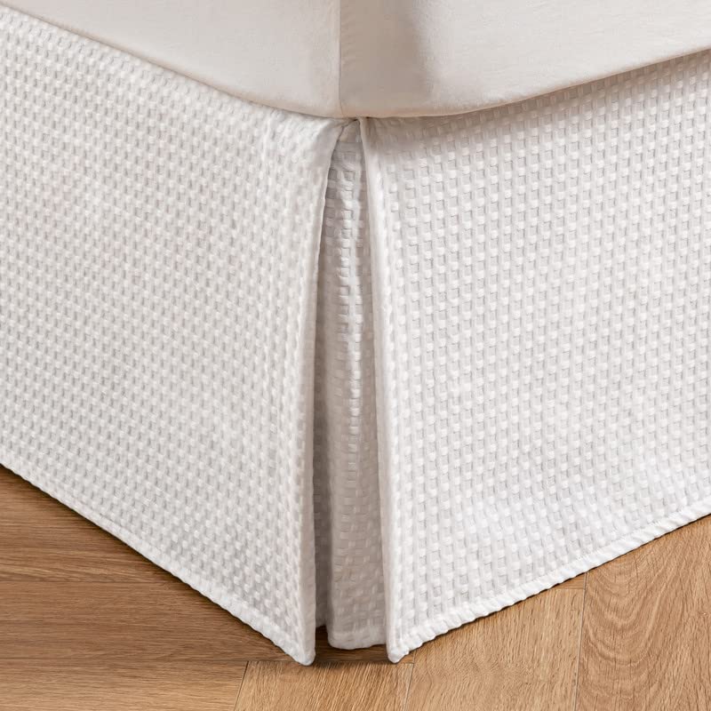 MIYE Pleated Waffle Weave Bed Skirt, Tailored Dust Ruffle 16 Inch Drop Easy Fit, Machine Washable, No Split Corners (White, King - 16" Drop)