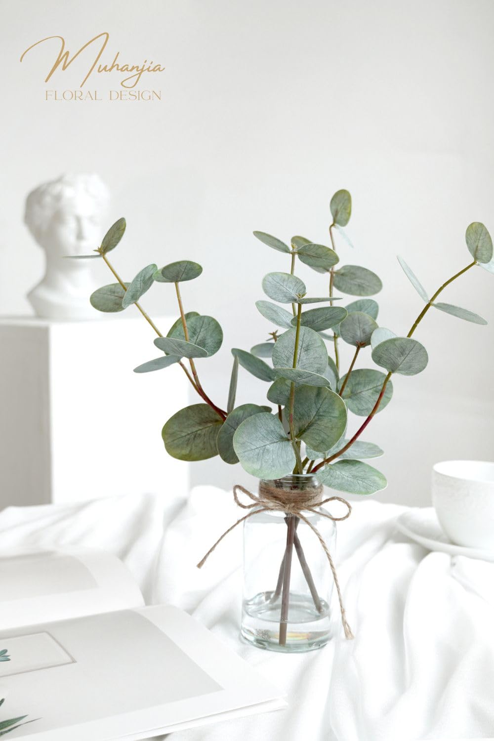 Muhanjia Artificial Eucalyptus Stems in Glass Vase with Faux Water,3Pcs Fake Plant with Double-Sided Green Leaves for Centerpiece(Double-Sided Green Eucalyptus)